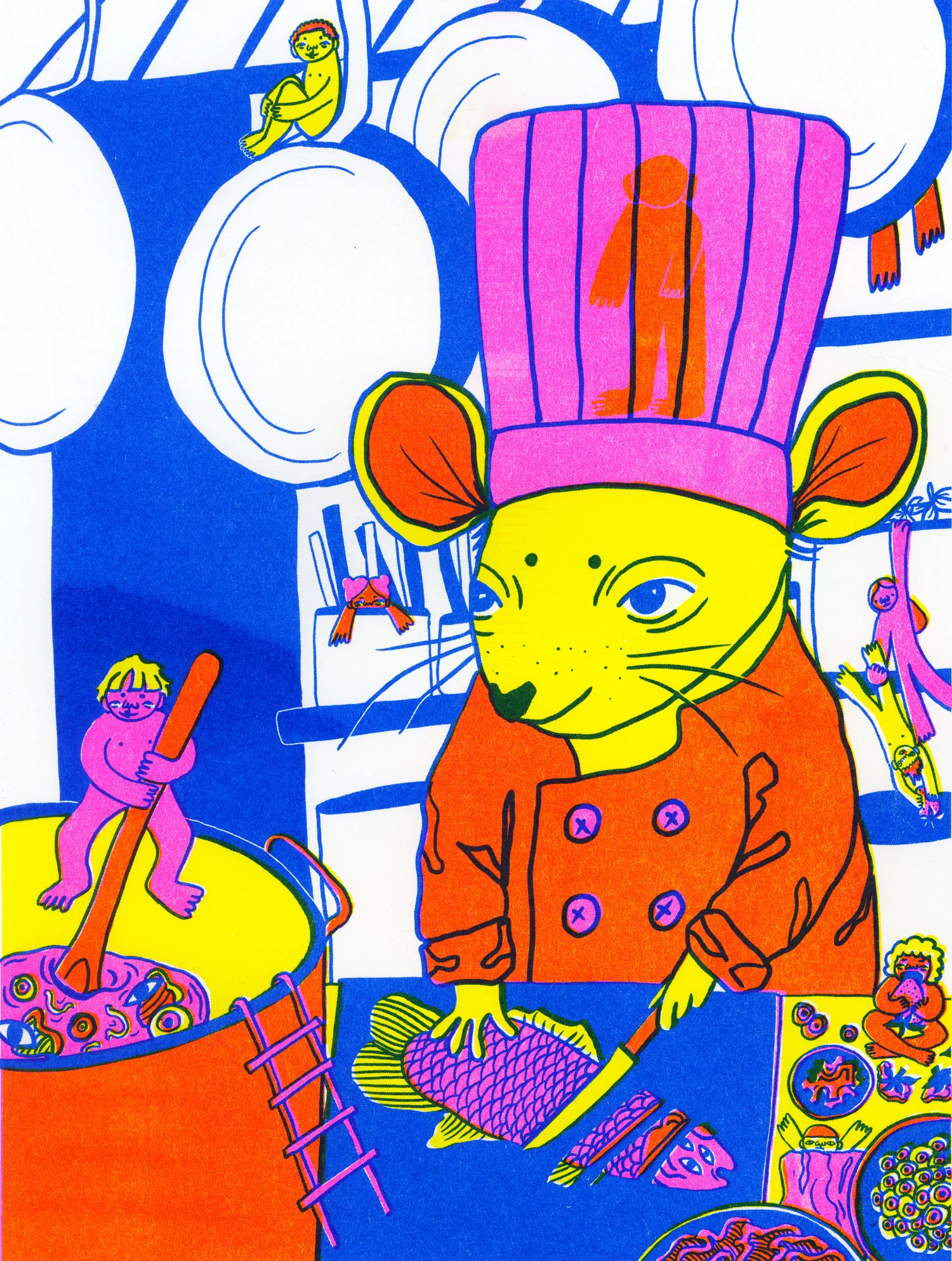 A chef rat preparing a fish soup with their tiny human helpers. The image is in bright yellow, pink, orange, and blue colors.