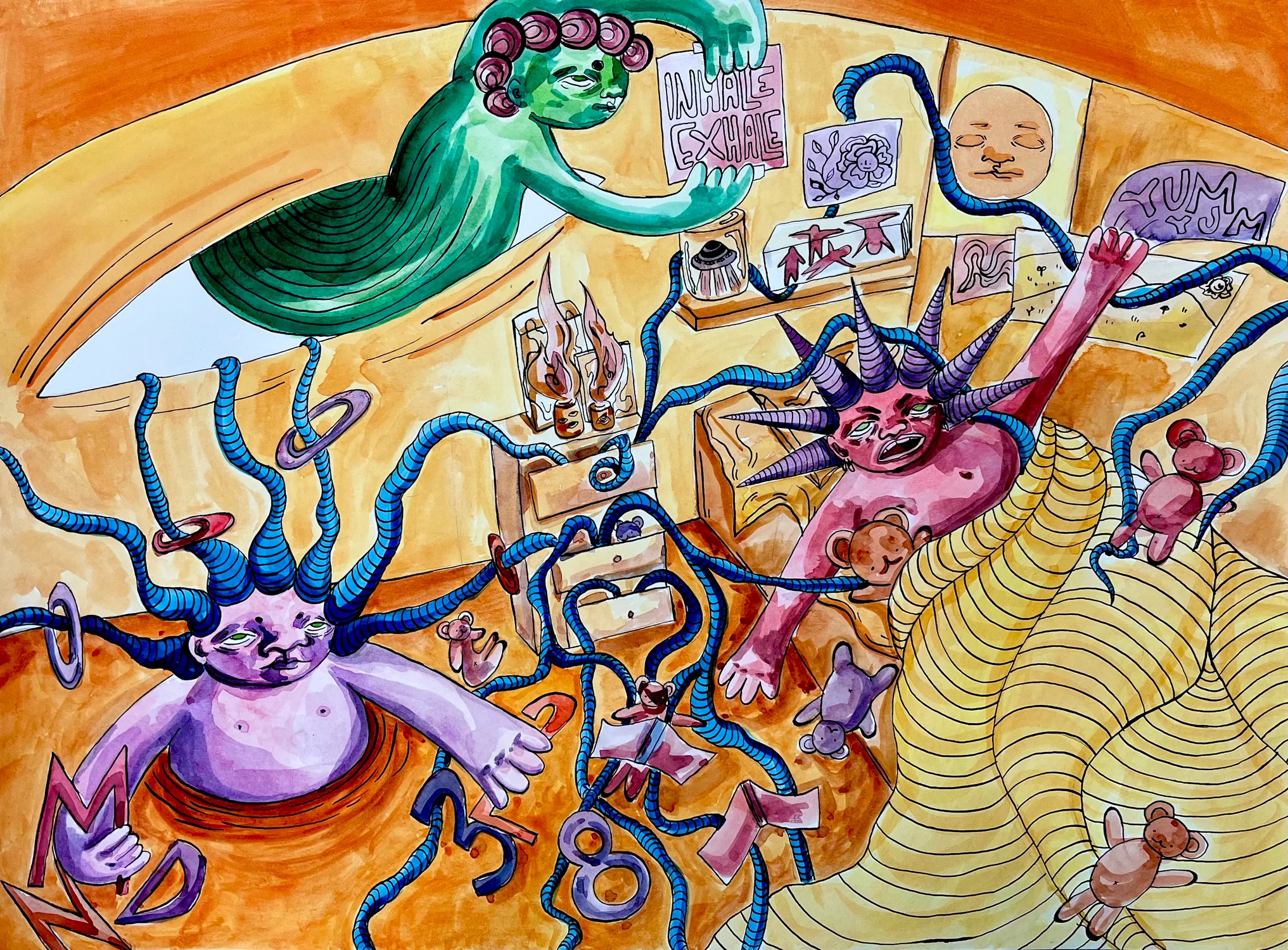 3 different colored monsters messing up a bedroom that is actually someones mind.