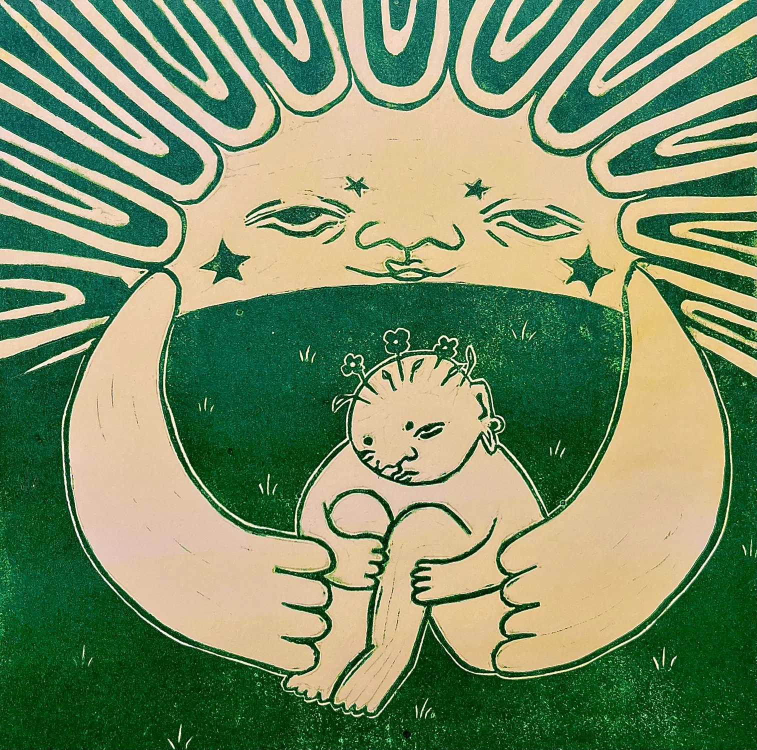 A sun hugging a sad flower character.