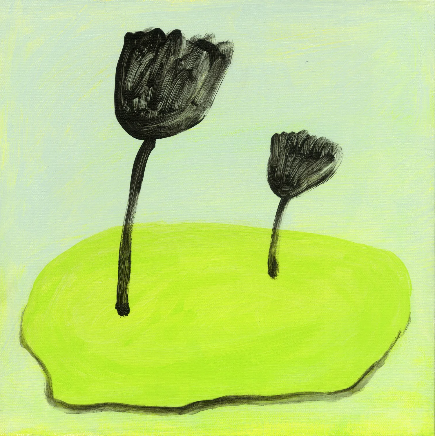 Two abstract black flowers stand awkwardly on a bright yellow-green block that appears to be made of rock.