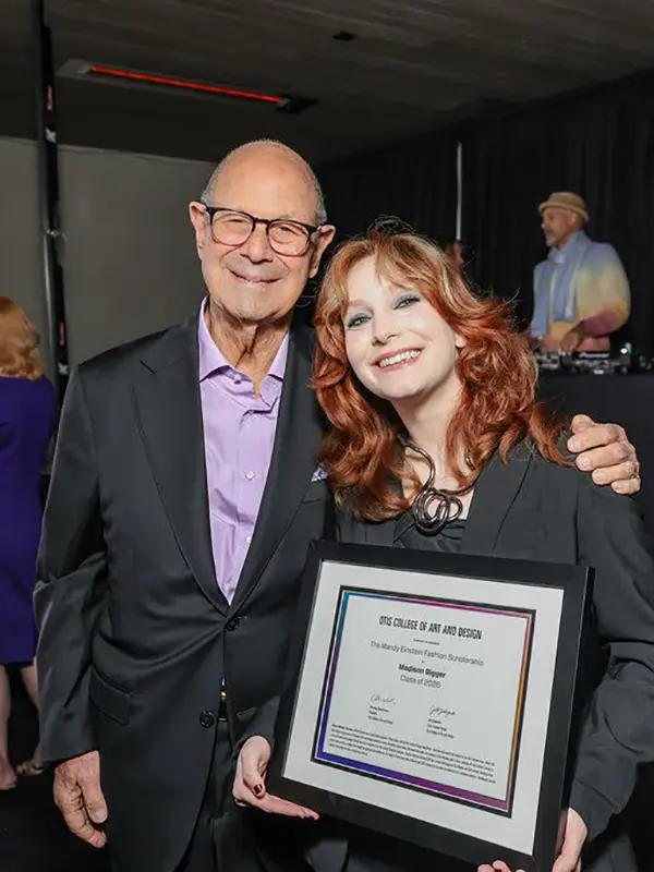 Photo of Trustee of Otis College Cliff Einstein and Madison Bigger, a Fashion design junior, recipient of the Mandy Einstein Fashion Scholarship.