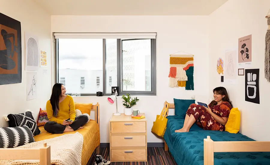 Otis College students inside a shared dorm room in the Residence Hall.