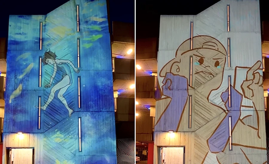  students created projects to fit a vertical canvas over 30 feet tall, projected onto the unique graphic facade of the Otis College parking structure. This gave students the chance to develop portfolio projects while also showing work in a public venue on a truly unique canvas. 