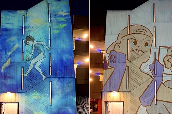  students created projects to fit a vertical canvas over 30 feet tall, projected onto the unique graphic facade of the Otis College parking structure. This gave students the chance to develop portfolio projects while also showing work in a public venue on a truly unique canvas. 