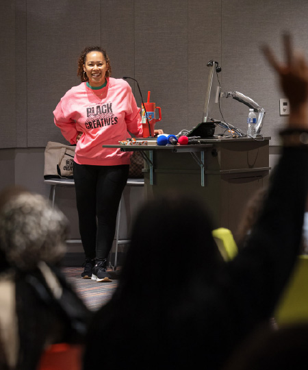 Caption: Dr. Theresa Lucas, Dean of Student Affairs, during a Black Creatives Institute workshop. Photograph by Sarah Galonka/Otis College of Art and Design