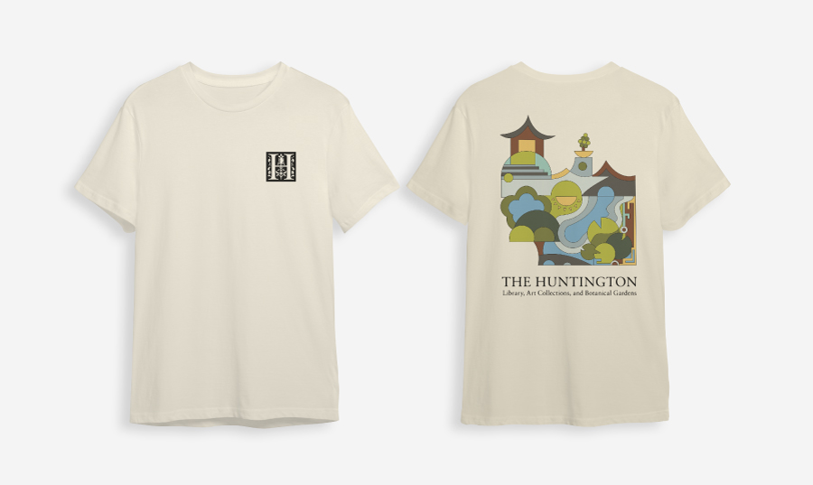 T-shirt designs for The Huntington Library, Art Collections, and Botanical Gardens that Charlie Utter (’23 BFA Communication Arts, Graphic Design, Product Design) did while he was a student through a collaboration with Otis Design Lab. 