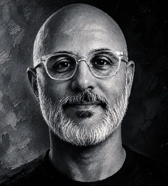 A black-and-white portrait of Otis College instructor Markus Maciel