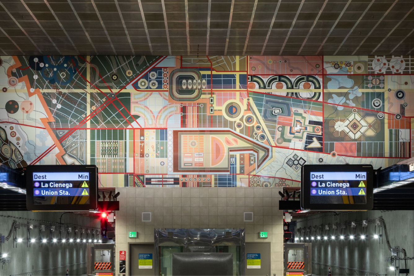 A detail of one of Soo Kim’s murals inside the Metro’s Wilshire/LaCienega D Line station. All article images courtesy the Metro Art website. 