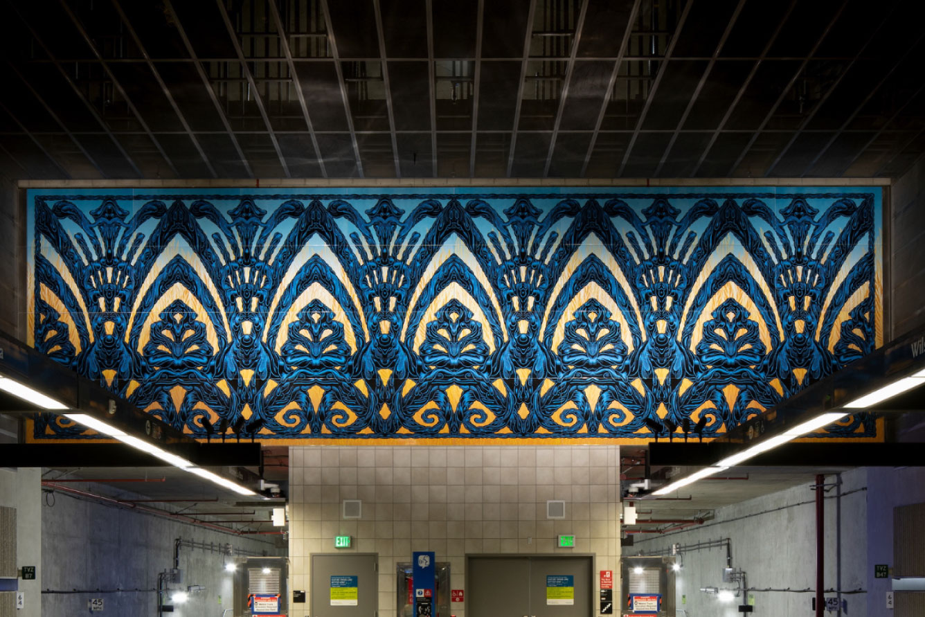 Detail of Mark Dean Veca’s Miracle of La Brea mural inside the Wilshire/La Brea stop of the D line. 