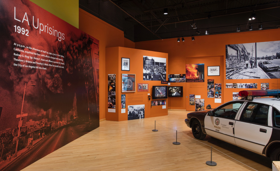 The “No Justice, No Peace: LA 1992” exhibit at the California African American Museum. Courtesy of Red Cape Studio.
