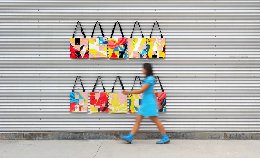 Otis Design Lab students art-directed a photo shoot for their line of recycled tote bags. Photograph by Sarah Golonka/Otis College of Art and Design. 