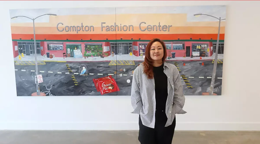 In the Los Angeles Times: Artist Wendy Park with “90s Compton Swap Meet”at her solo show “Of Our Own,” at Various Small Fires (VSF) gallery in Tustin. (Don Leach / Staff Photographer)