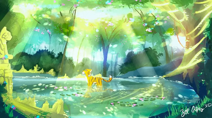 Illustration by Zoe Asis of tiger in a jungle