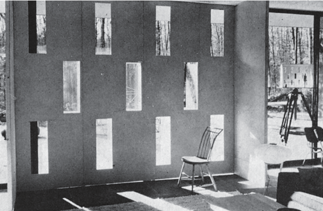 Eliot Noyes’s study of the punchcard window treatment that he installed in his home in New Canaan, CT as a test. Arts and Architecture, October 1964.