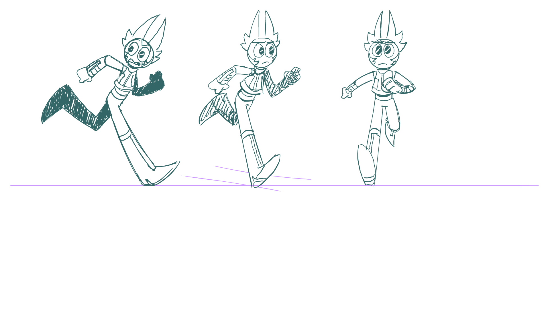 An animation of the protagonist from Gwen Hozman's senior project running in profile, 3/4s, and front view.
