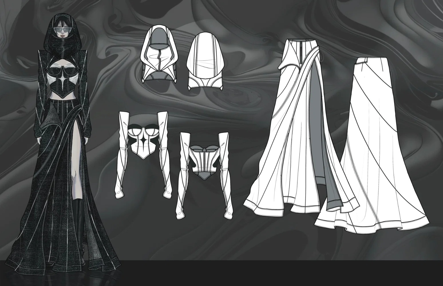 Illustration with technical sketches done in Adobe Illustrator.