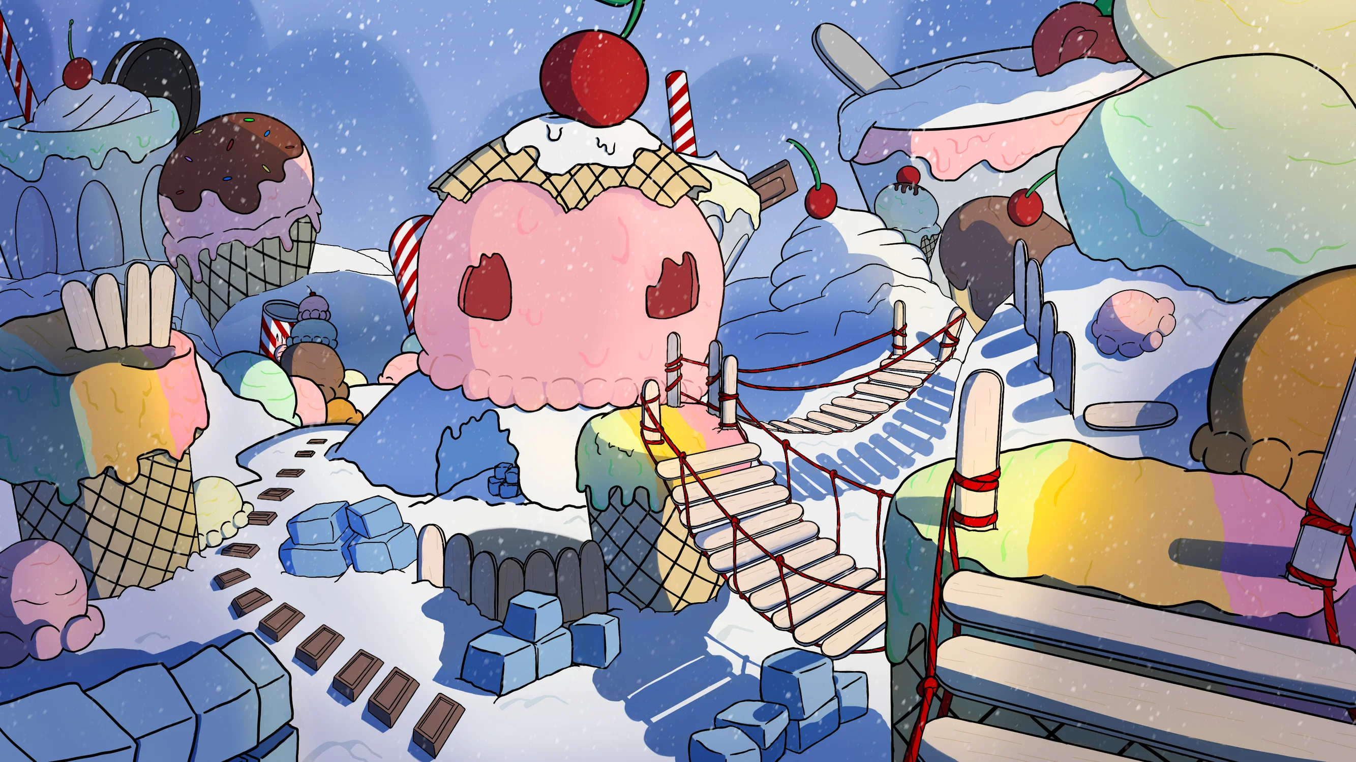 An arctic world, made entirely out of desserts like ice cream, milkshakes, chocolate and more!