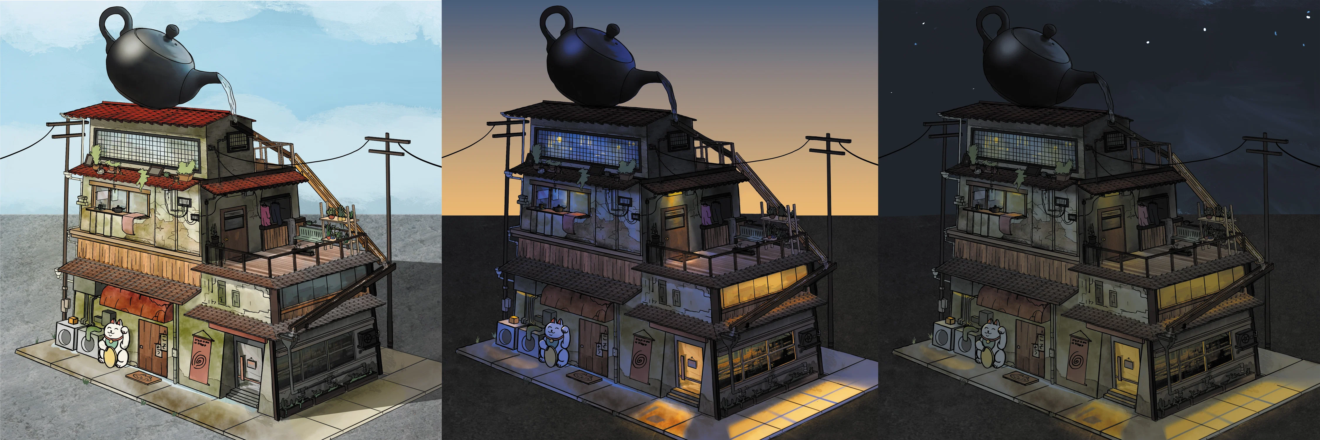 Created with older styled Japanese architecture in mind, a ginormous tea kettle fountain sits on top of a family home that doubles as a tea house.