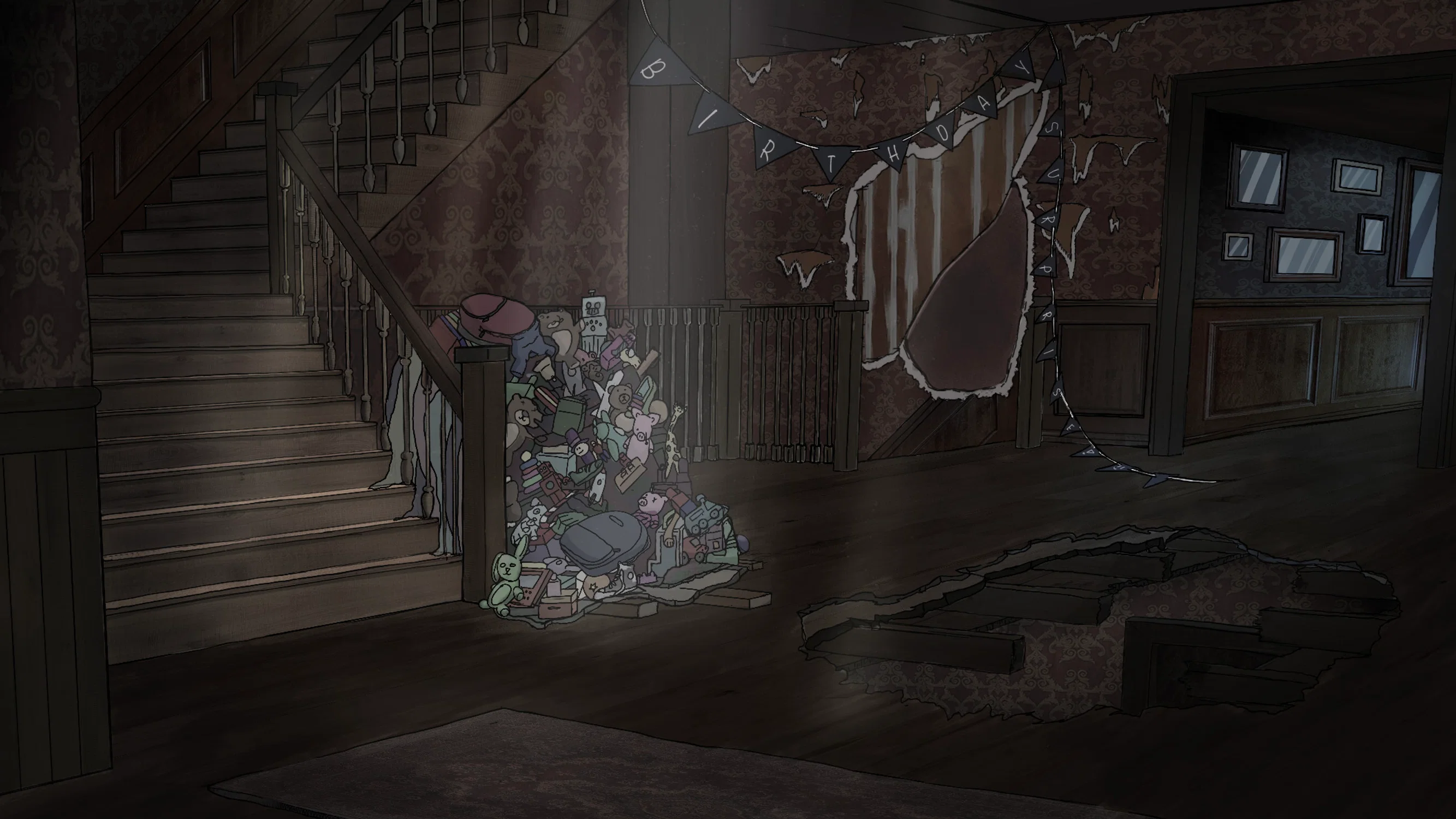 An abandoned home sits empty as the higher stories begin to crumble onto the lower levels of the house. With those falling pieces comes a large pile of children's toys that sit collecting dust, and storing memories.