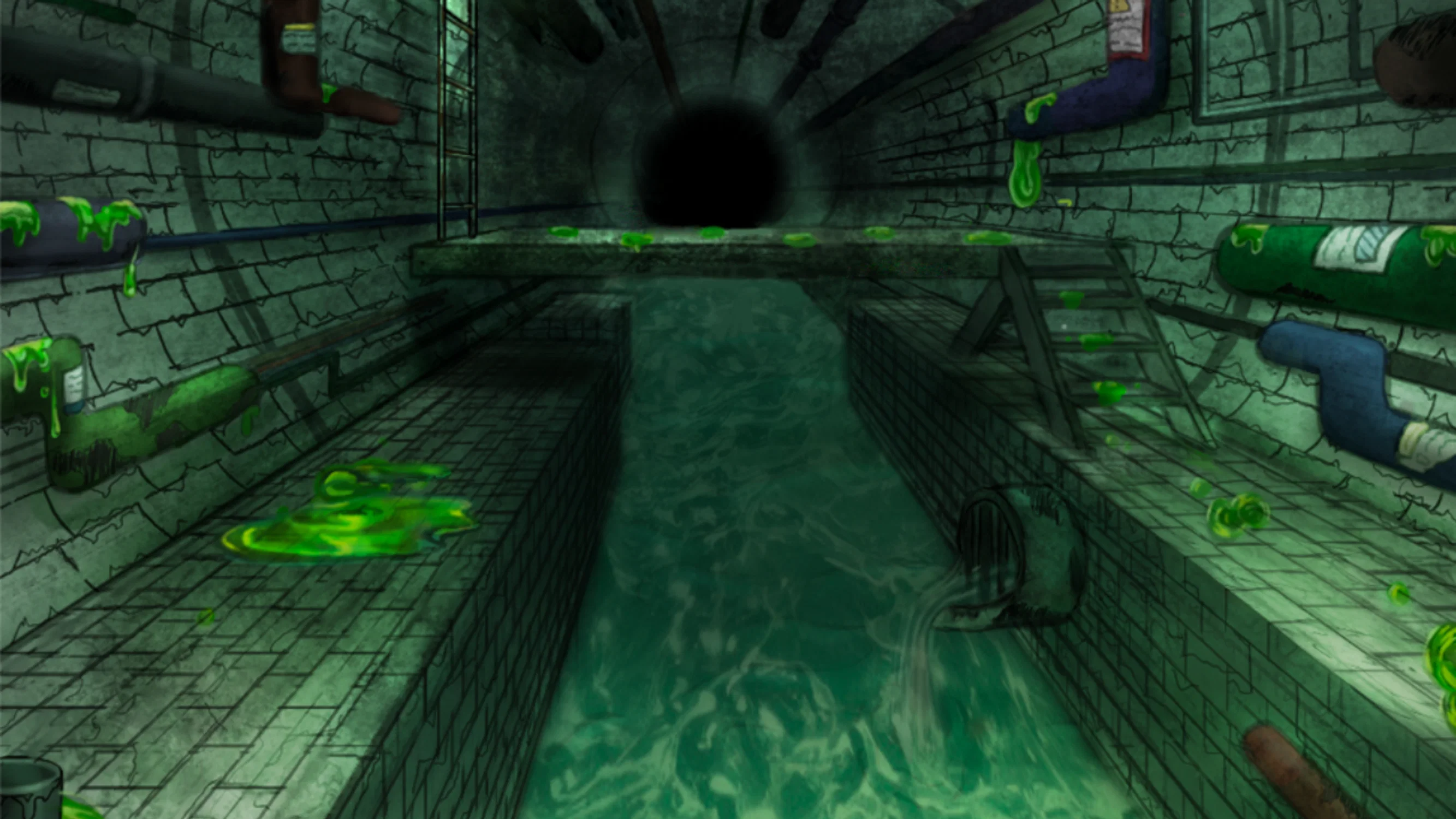 A sewer scene that depicts an even divide between the two sides with walkways on each side lining the wall. A green slime coats spots of the sewer suggesting a mysterious entity's presence.