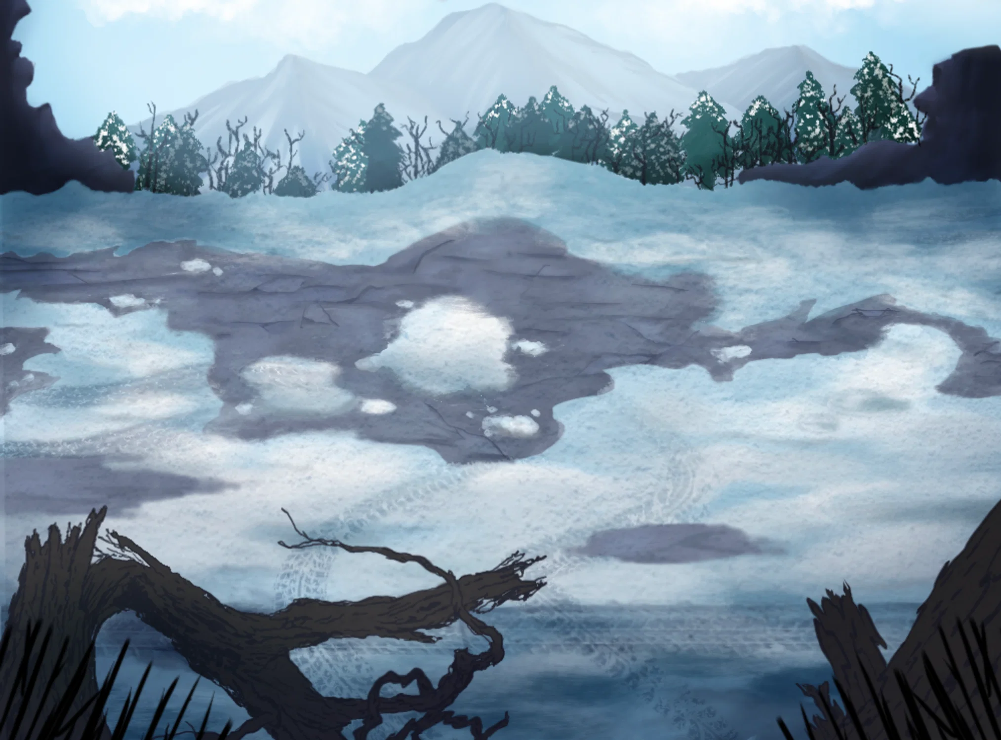 A winter battlefield depicting large mountains and pine trees covered in snow. There are tire tracks lining the ground and broken tree trunks in the foreground suggesting someone's recent presence.
