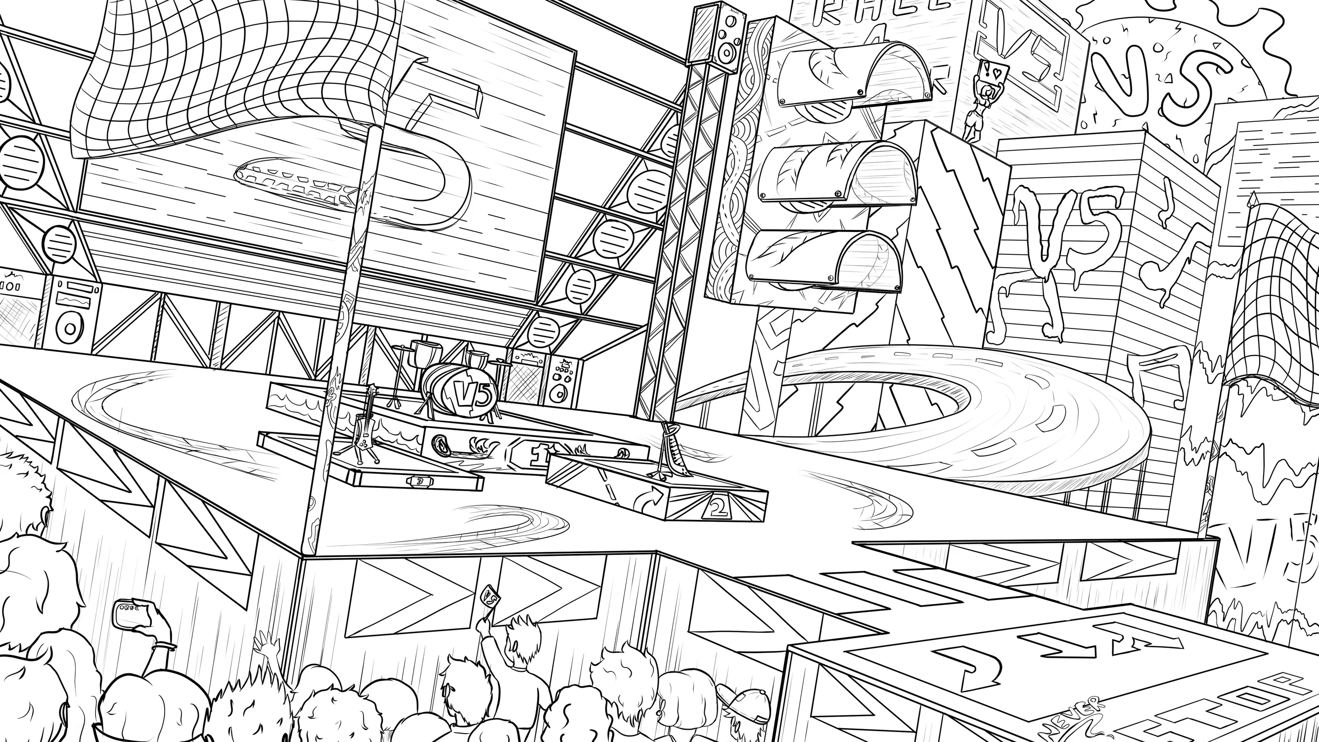 A large stage covered in street racing icons and graffiti is surrounded by a huge crowd of fans awaiting a Japanese street racing themed band called V5.