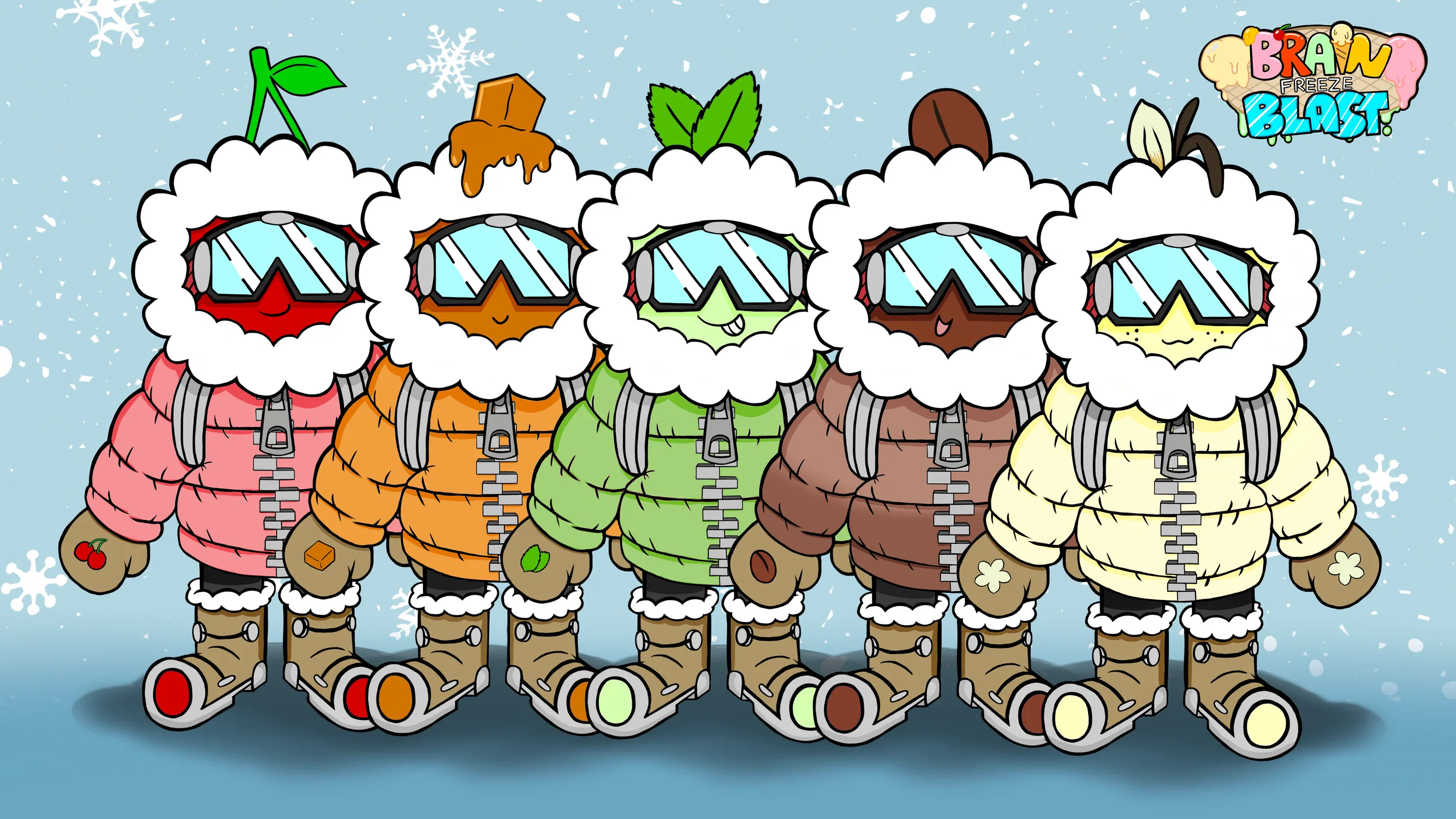 A group of five arctic troops, all with different ice cream flavor related designs and abilities are shown in a lineup in order to represent the group the Scoop Squad from my game concept called Brain Freeze Blast