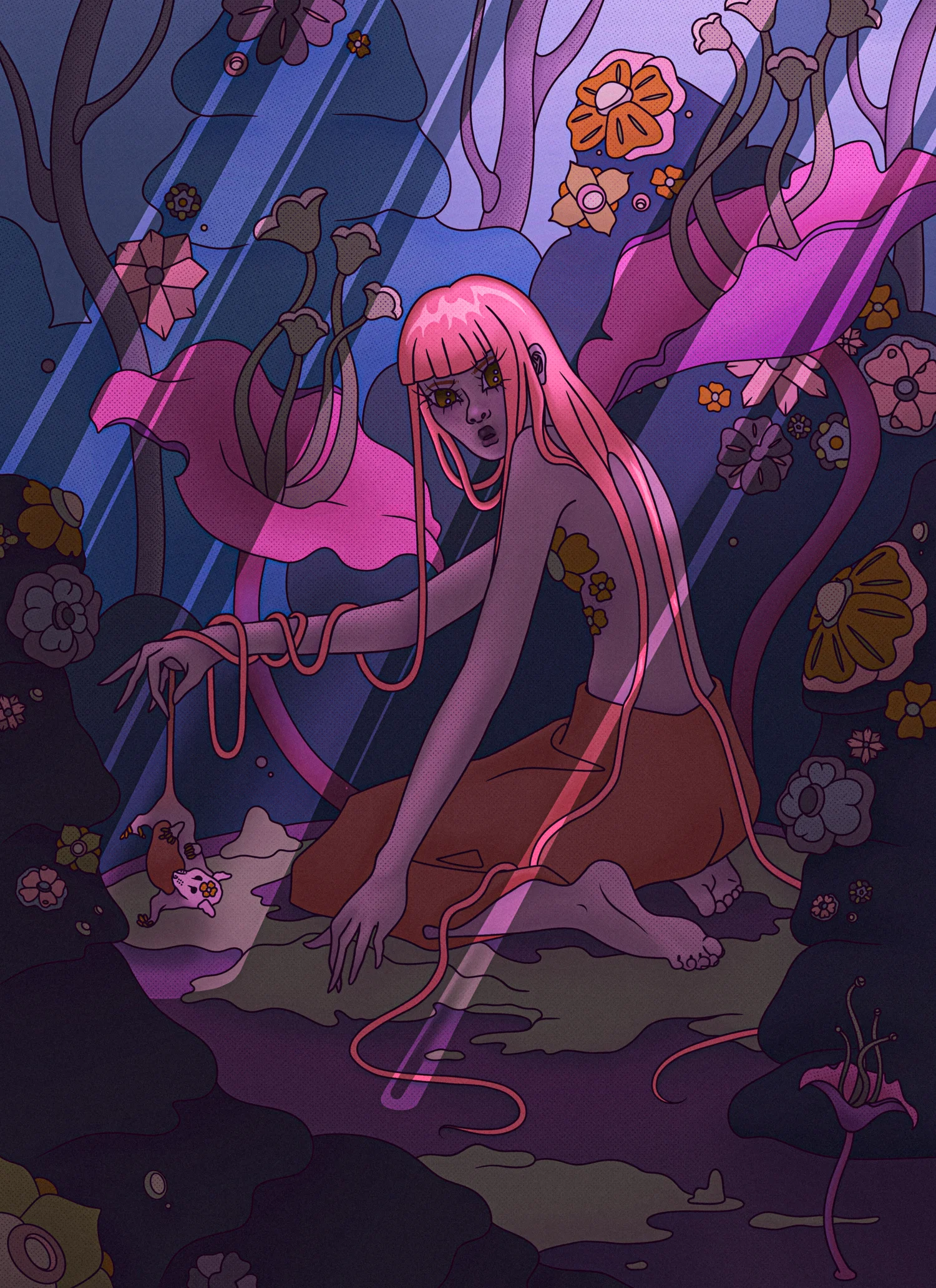 Surreal illustration of a girl with a possum