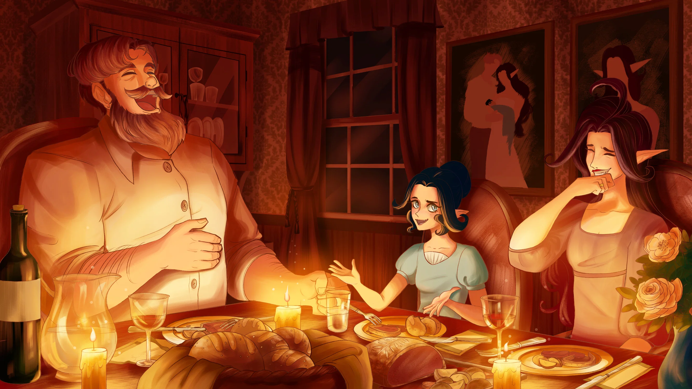 The scene depicts a warm family dinner with three principle characters. The human father sits at the left of the table, laughing happily. The daughter, a half human and half vampire, sits between her parents as she tells them a story. The mother sits on the right, her hand lifted to her mouth as she tries to cover her laugh. The environment is bathed in warm candlelight and their dinner table is full of food like bread, a beef wellington, potatoes and carrots, and drinks.