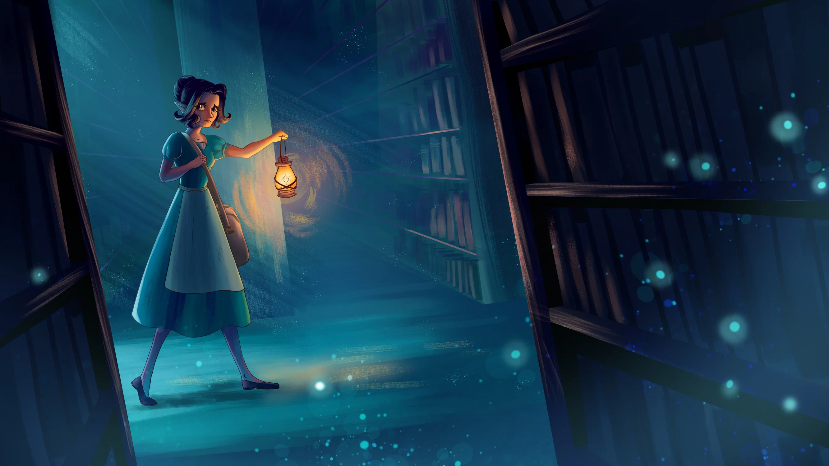 The image shows a cool blue scene of the main character walking through an empty library alone. She hold a lantern to light her path and she has a fearful expression on her face. She is backlit by moonlight.