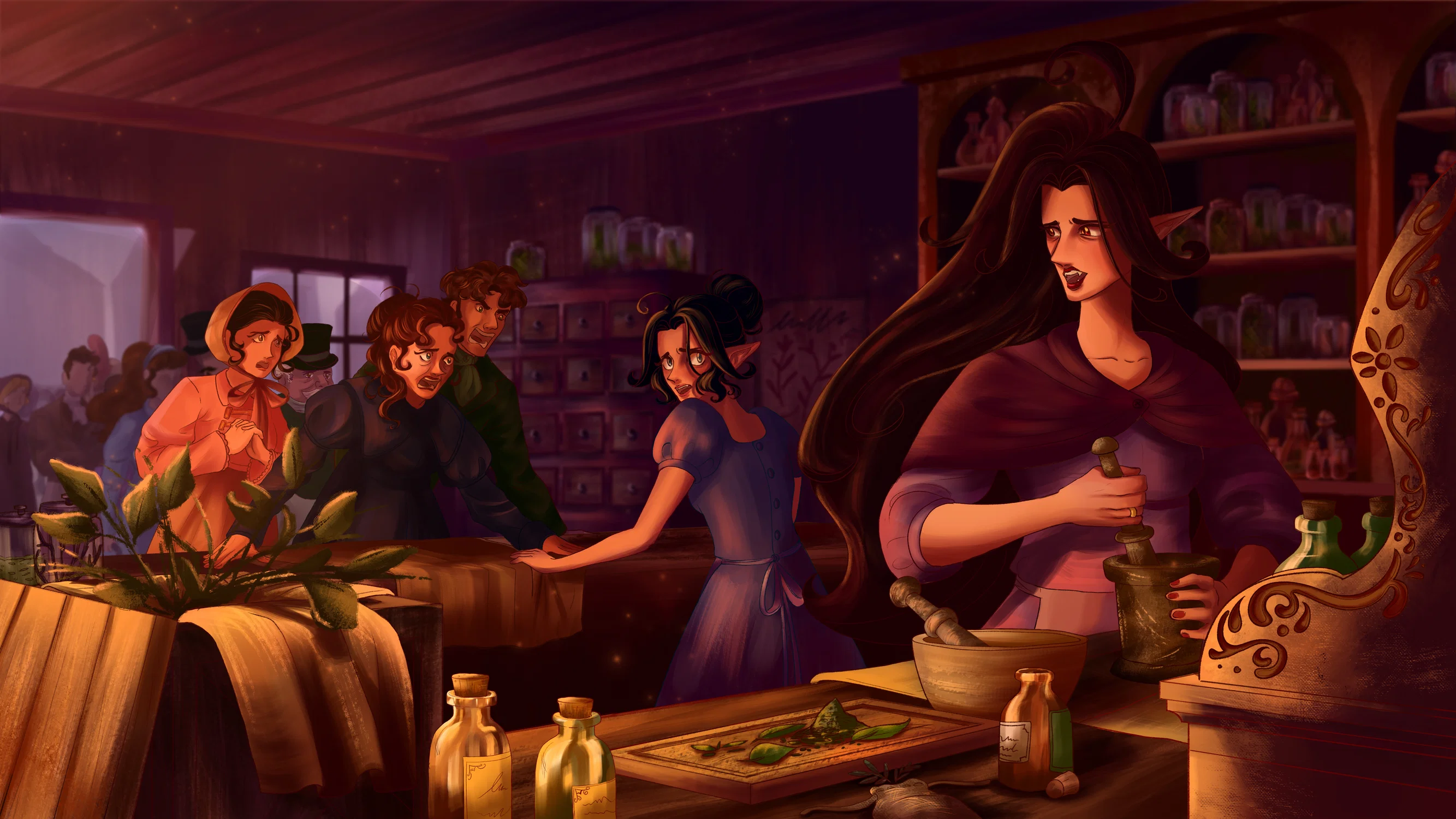 The image shows a chaotic scene of the main characters being overwhelmed by a large group of panicked townsfolk who demand for medicine. The vampire mother stands in the foreground, trying to crush herbs and reassure her daughter. The daughter stands in the midground and looks back at her mother for guidance as the townsfolk shout at them.
