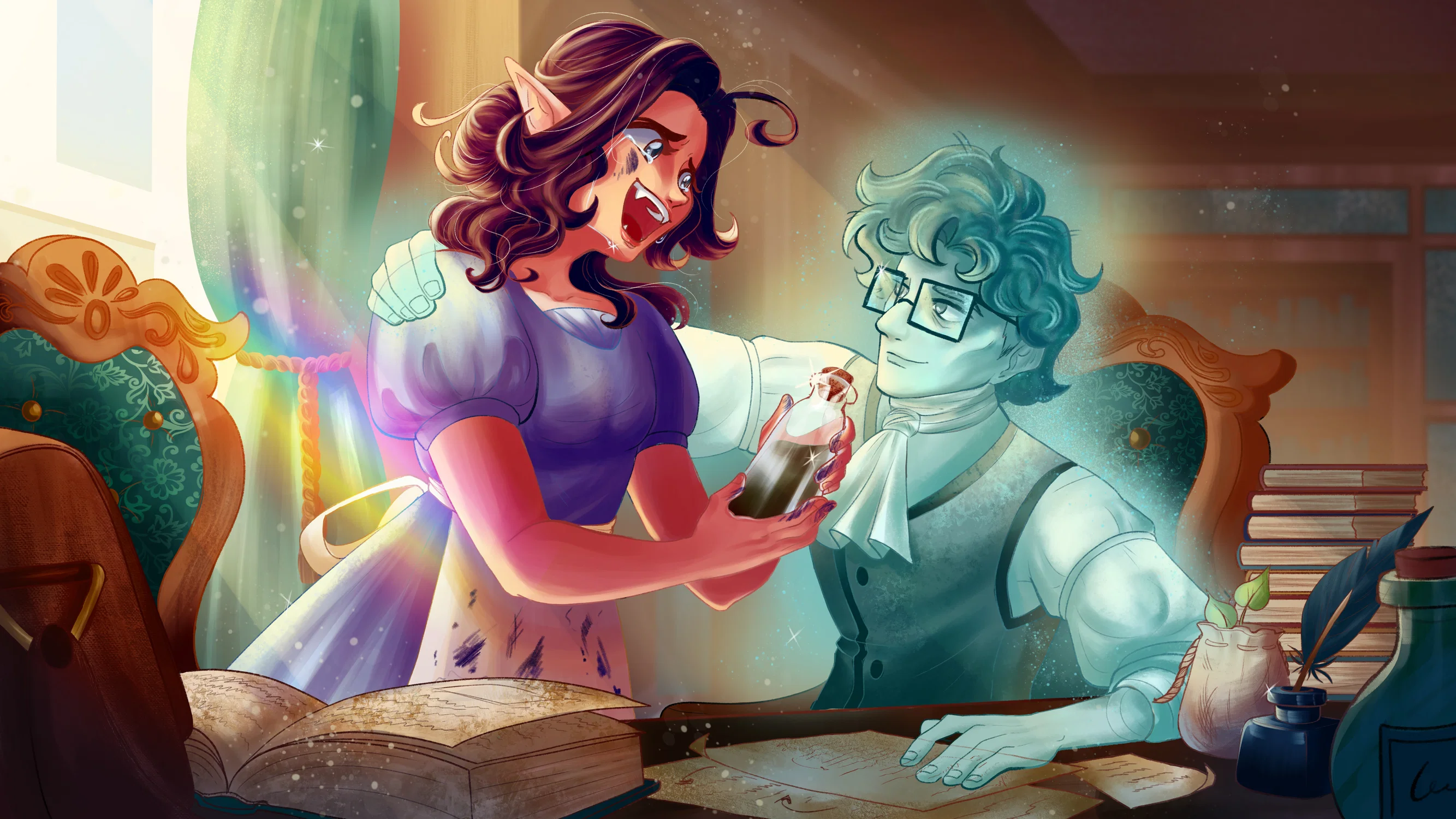 The image shows a bright and celebratory scene of the main character and her ghost friend. The girl is smiling tearfully , holding a vial of medicine, as she celebrates her accomplishment. The male ghost smiles fondly at her, a hand on his friend's shoulder in comfort. Bright sunlight surrounds the characters and the table in the foreground includes books, papers, an ink bottle, and small vials.