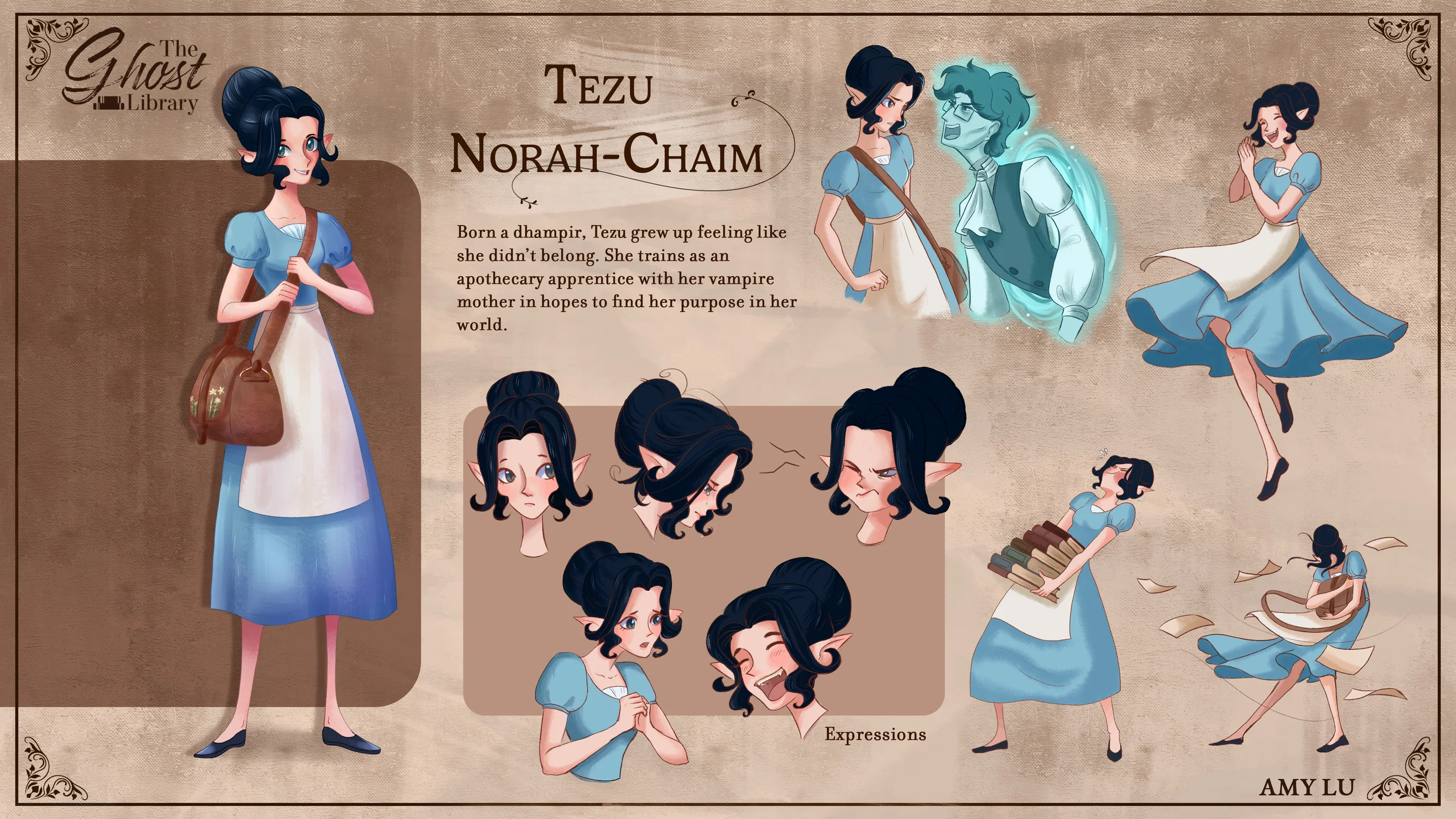 The image is a character concept of one of the main characters: a young dhampir girl named Tezu. The left side is a painted version of her design. The right side of the page shows her expressions (curious, fearful, happy, sad, irritated, and concerned) and some character poses to show her personality.