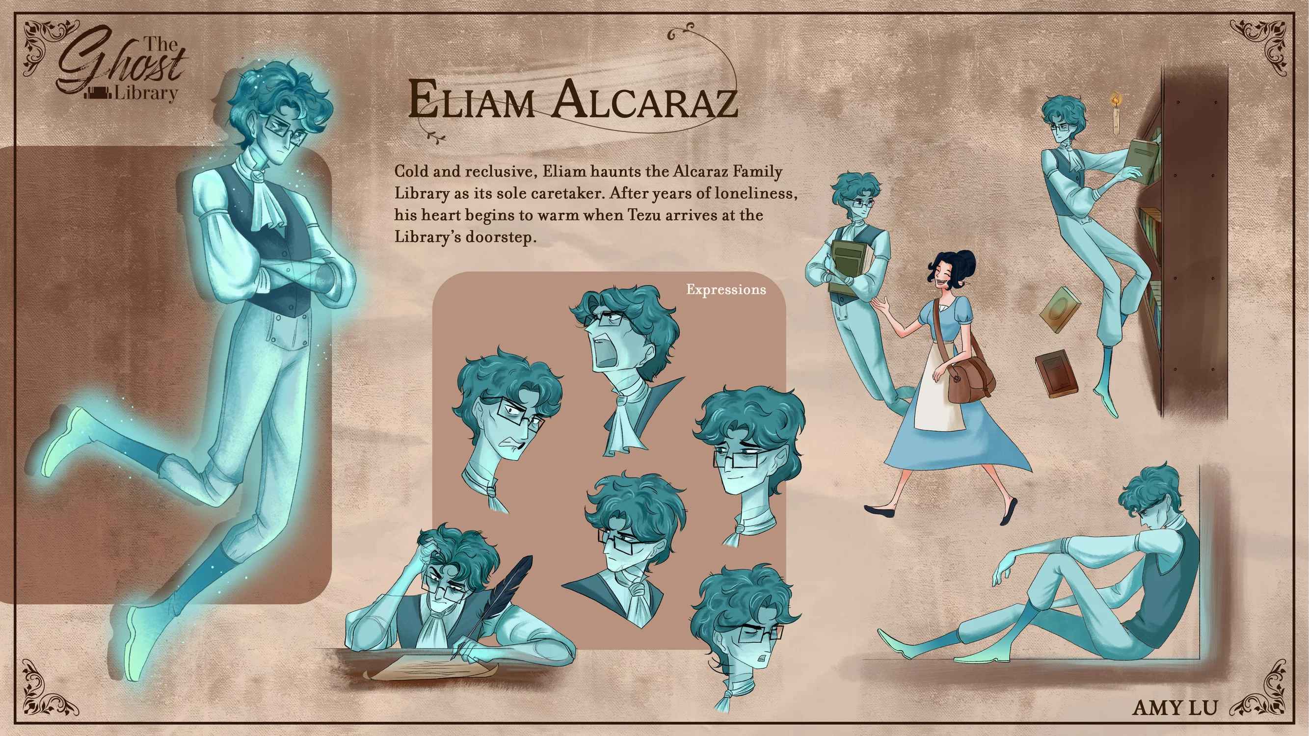 The image is a character sheet for the second main character: a young male ghost librarian. The left side of the page has a painted version of his design. The right side shows his expressions (digusted, screaming in fear, fond, defiant, pensive, and stressed) and some of character poses to communicate personality and story.