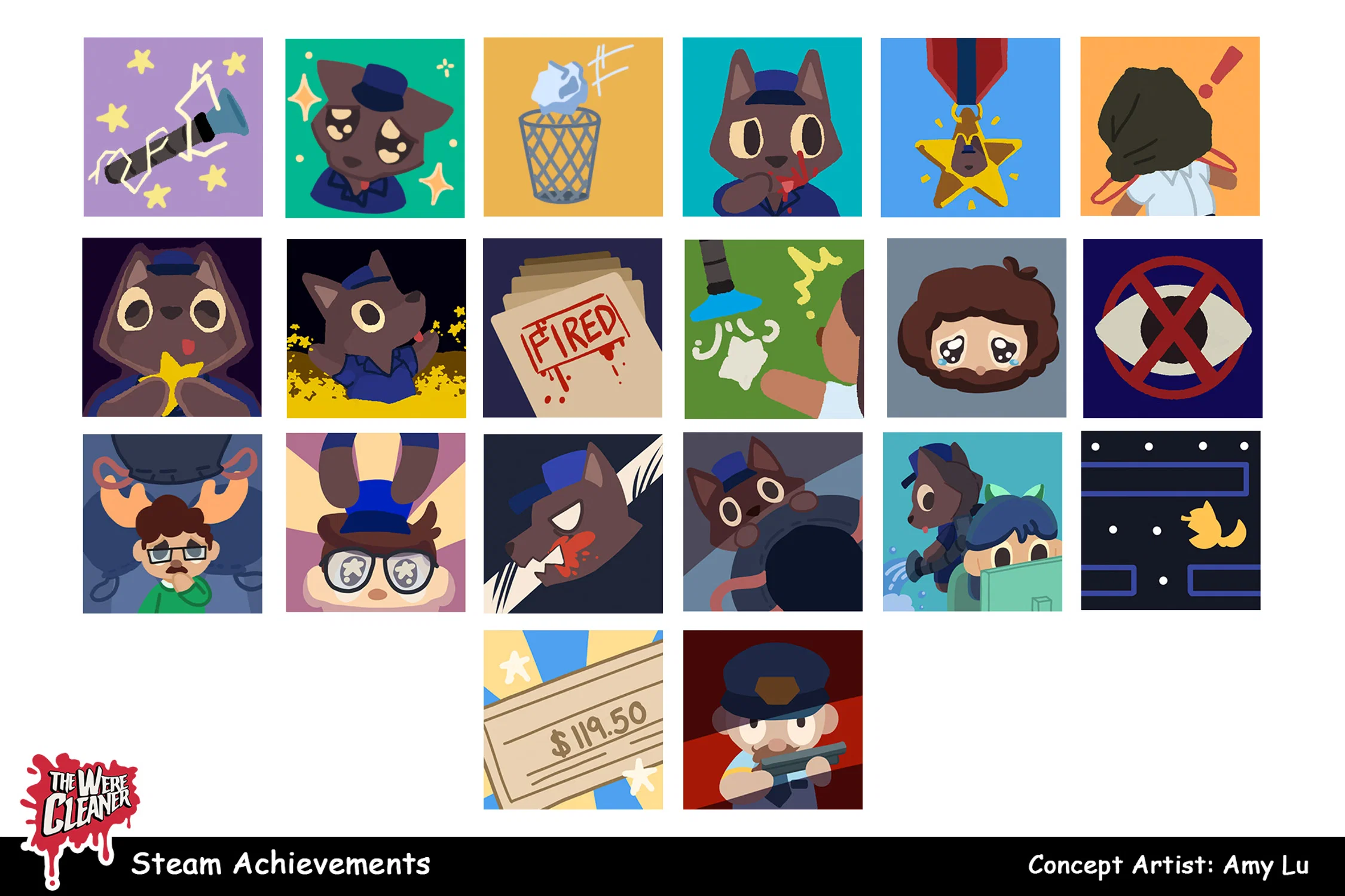 The image shows 20 small pictures of the Steam Achievements for The WereCleaner.