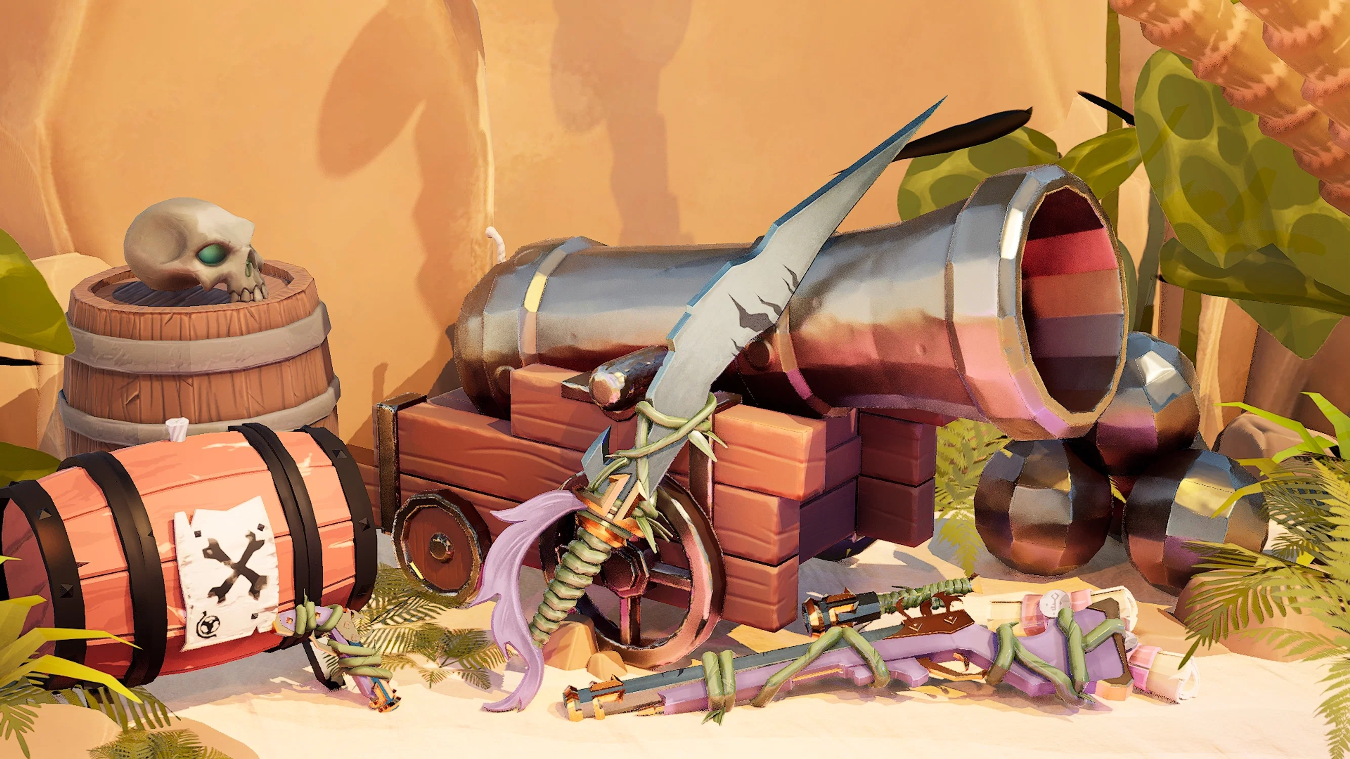 three weapons lie against a pirate themed background. A small pistol, a large cutlass, and a long eye-of-reach. All are very angular and covered in twisting vines. Made to emulate the style of Sea of Thieves- and designed themed around the siren