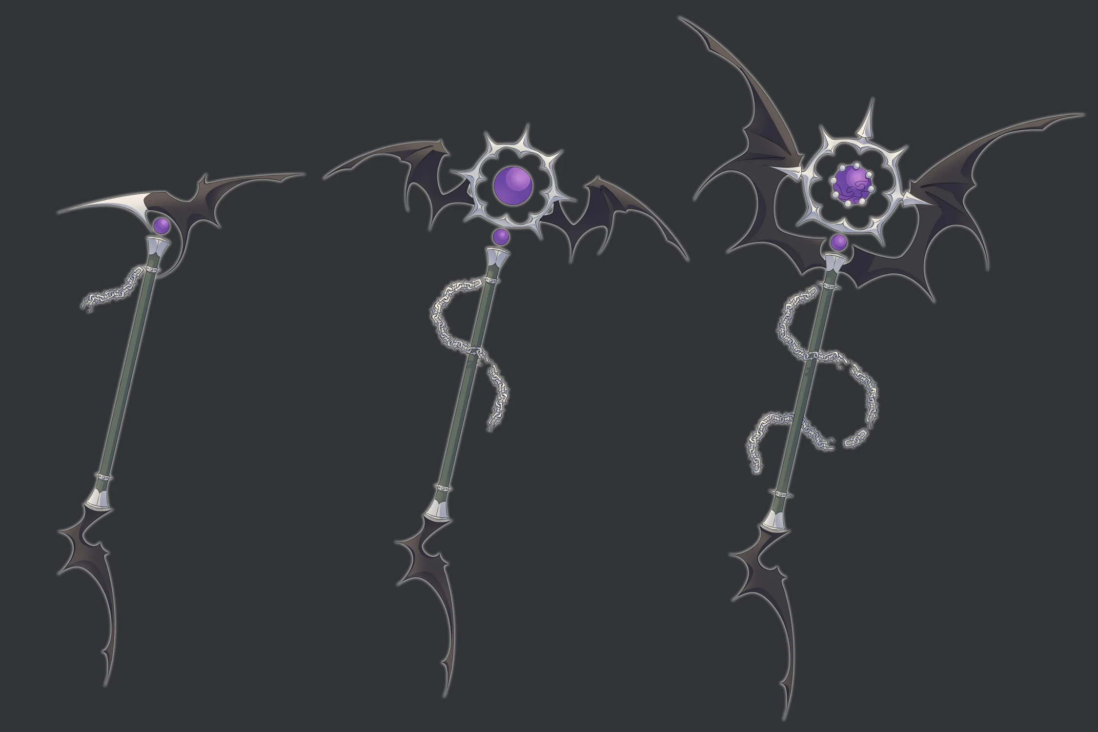 set of 3 weapons emulating card captor sakura's clow wand forms- but opposite of the original pink and feathered ones. these ones carry bat wing, chains, and spikes