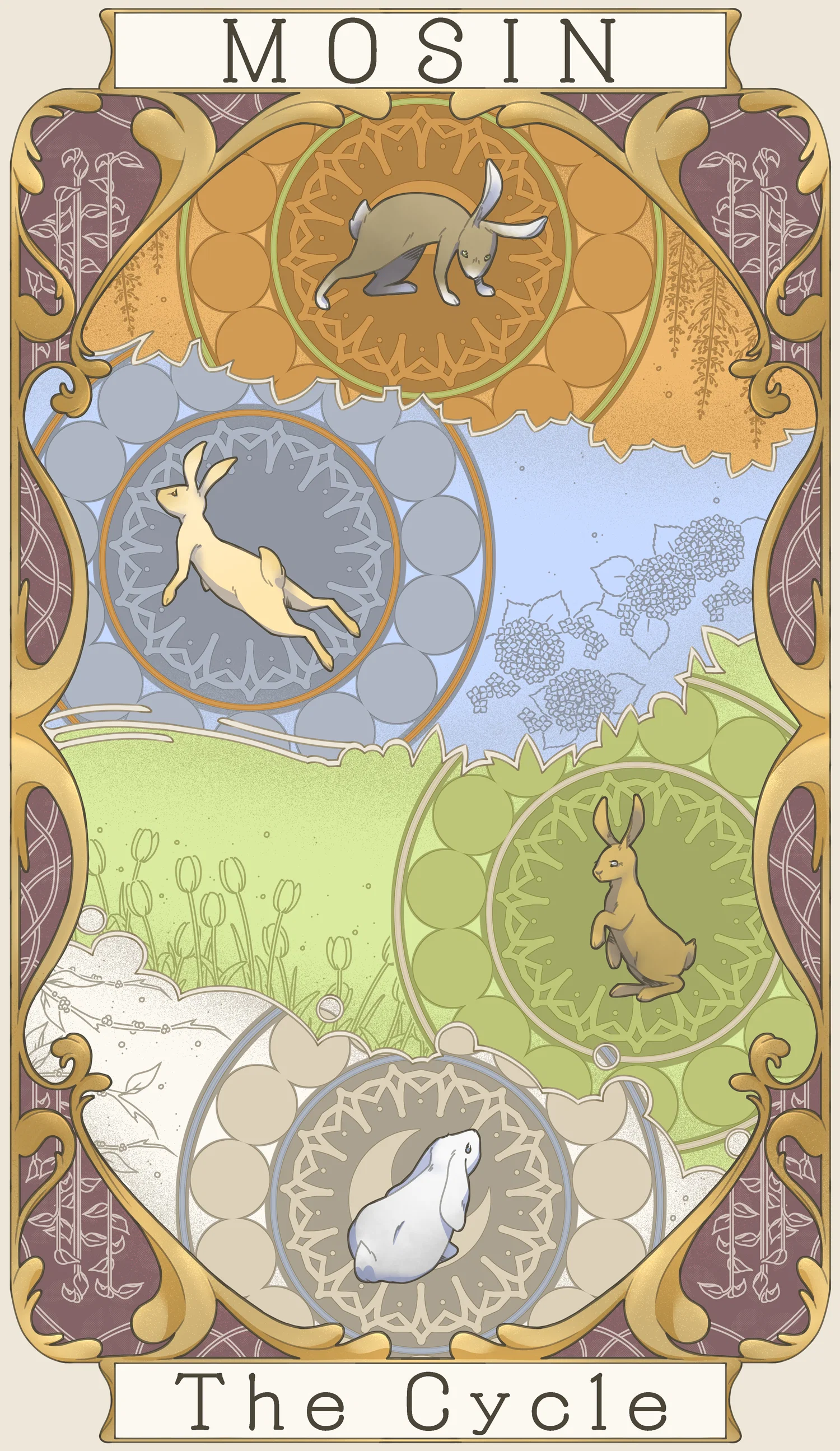 4 rabbits change along with the season on the face of this tarot card- Card reads "Mosin, The Cycle"