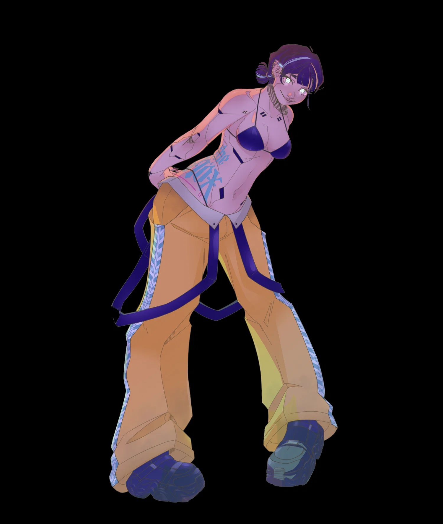 Woman with a large "The Mox" tattoo on her hip stands posing in a bralette, large yellow JNCO jeans, and heavy oversized platformed sneakers. her hair is cropped and pulled into two low pigtails with blue and yellow streaks. her eyes are a cold led blue. cyberpunk style