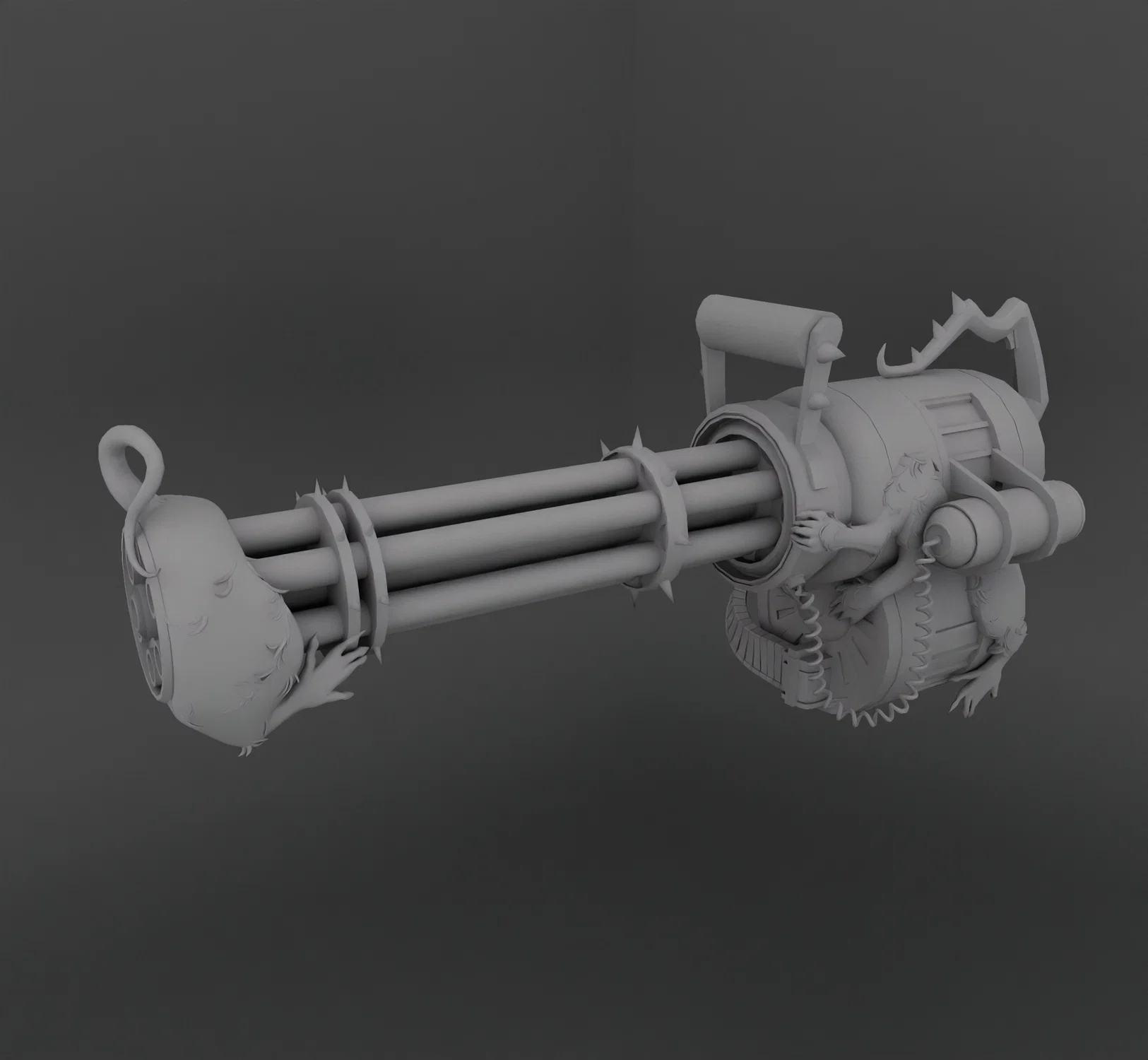 a untextured 3D model of a minigun. the front of tthe barrel is the ass of a rat, the ammo barrel being held onto the main body by rat hands. the style is punk with spikes and rat tails making up the majority of the model