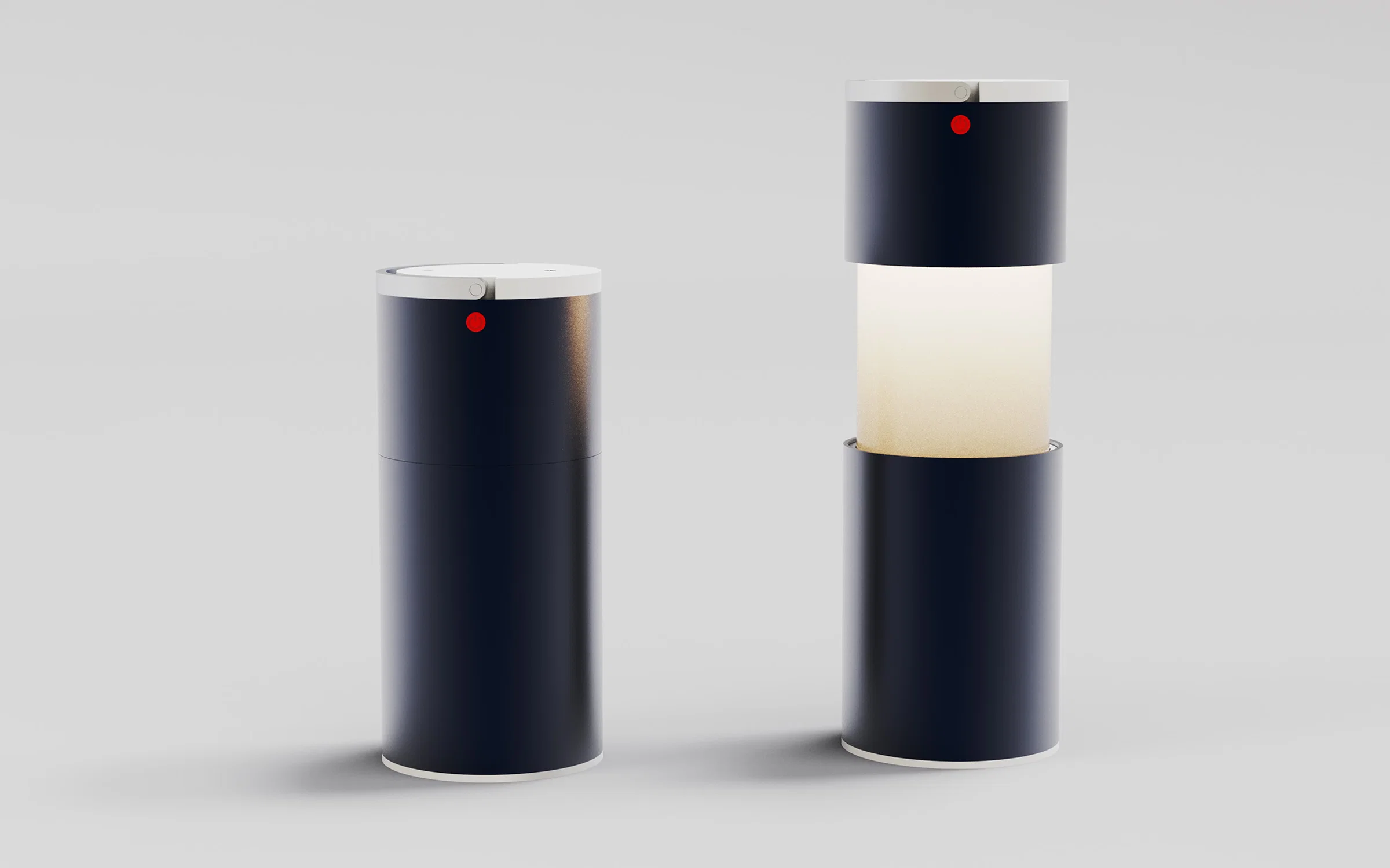 Image of two cylindrical lanterns set against a cool grey studio background. One lantern is closed, while the other is open, revealing the internal light source. Both feature a dark blue aluminum body with a red power button at the top, providing a sharp visual contrast. An aluminum handle is integrated seamlessly into the top profile of each lantern, maintaining a clean, compact form.