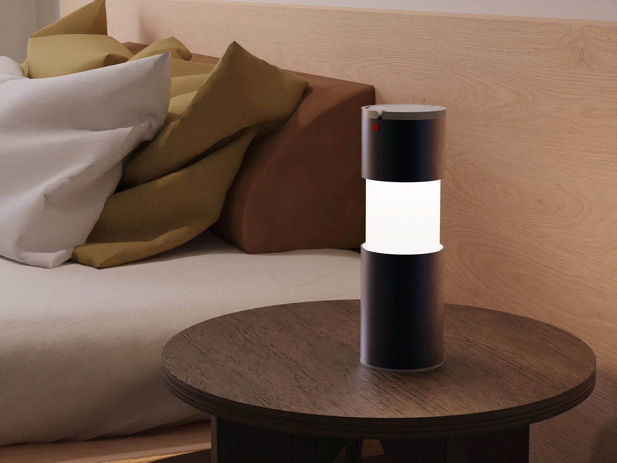 Image shows the same lantern in its open position, now illuminated and resting on a wooden nightstand. In the background, part of an unmade bed is visible, suggesting a cozy bedroom setting and the lantern's suitability for indoor use.