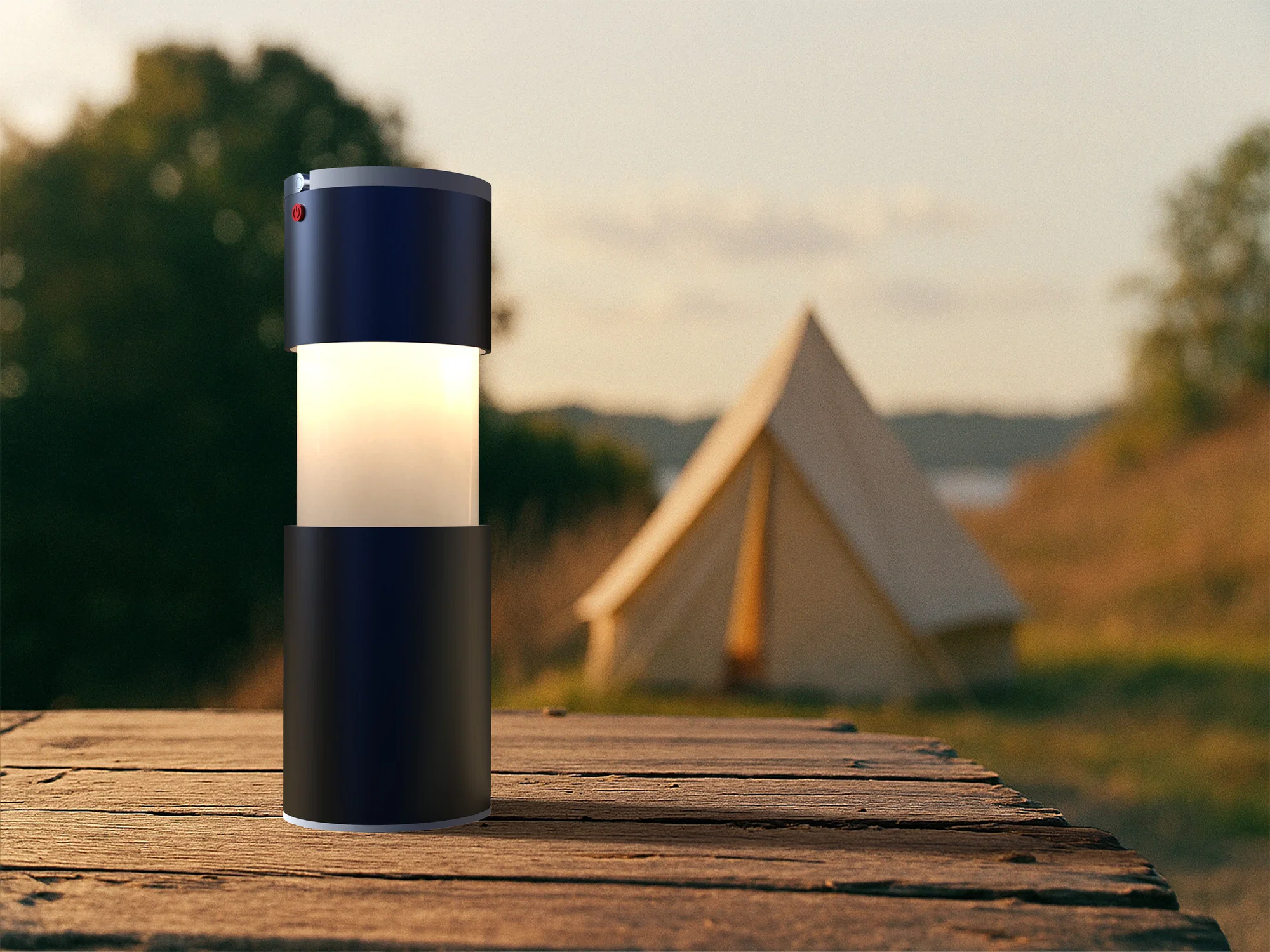 Image shows the same lantern is placed on a weathered wooden table outdoors. The lantern is switched on, softly glowing with a warm light. Its sleek, dark body frames the illuminated center. In the background, a beige canvas tent stands on a grassy clearing near a body of water, surrounded by trees. The scene is bathed in gentle, golden evening light, evoking a calm and peaceful camping atmosphere.