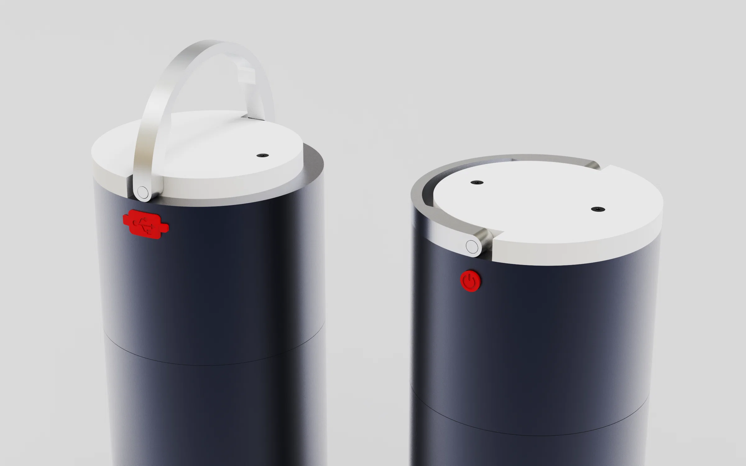 The image shows a close-up, detailed view of the tops of two identical lanterns side by side. One lantern displays the front, and the other shows the back. This shot highlights the aluminum handle in both positions: on one lantern, the handle is raised upright, while on the other, it is folded down against the top. The lanterns’ tops are made of smooth, dark aluminum with clean, modern lines, giving a sense of the lantern's thoughtful, practical design from both angles.