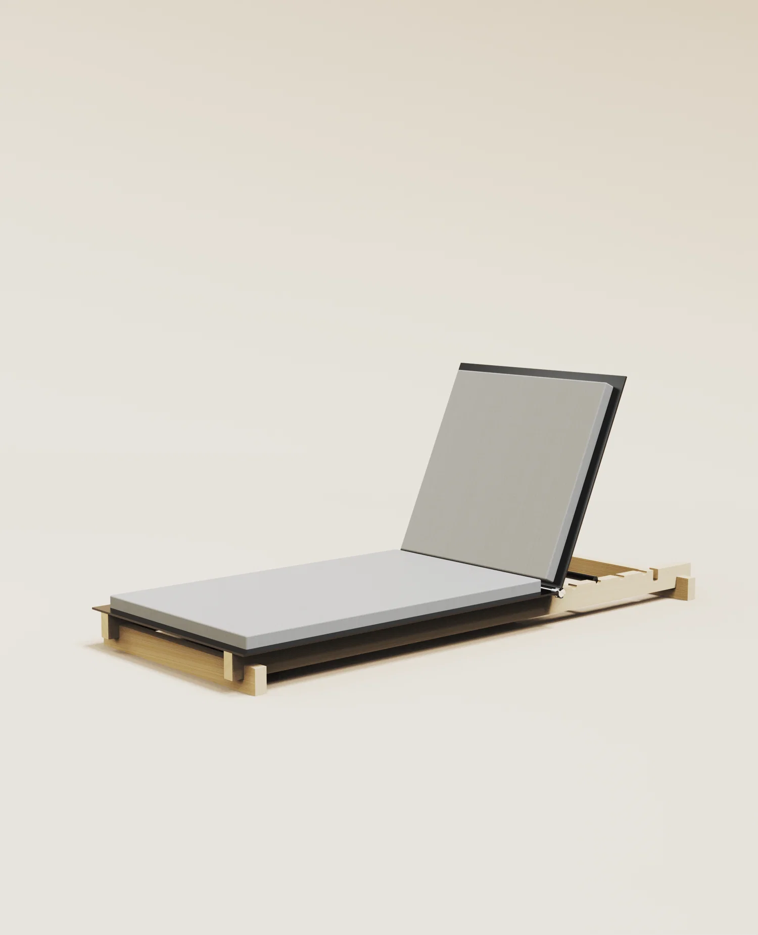 A low, minimalist lounge chair made of light pine wood and aluminum. The base is formed by four overlapping wooden pieces. A light gray cushion sits on top, with the backrest propped up at an angle. The adjustment mechanism is visible: a large hinge connects the backrest to the frame, and a metal T-bar fits into semi-circular notches along the back legs to hold different reclining positions. The chair is placed against a plain, light background.