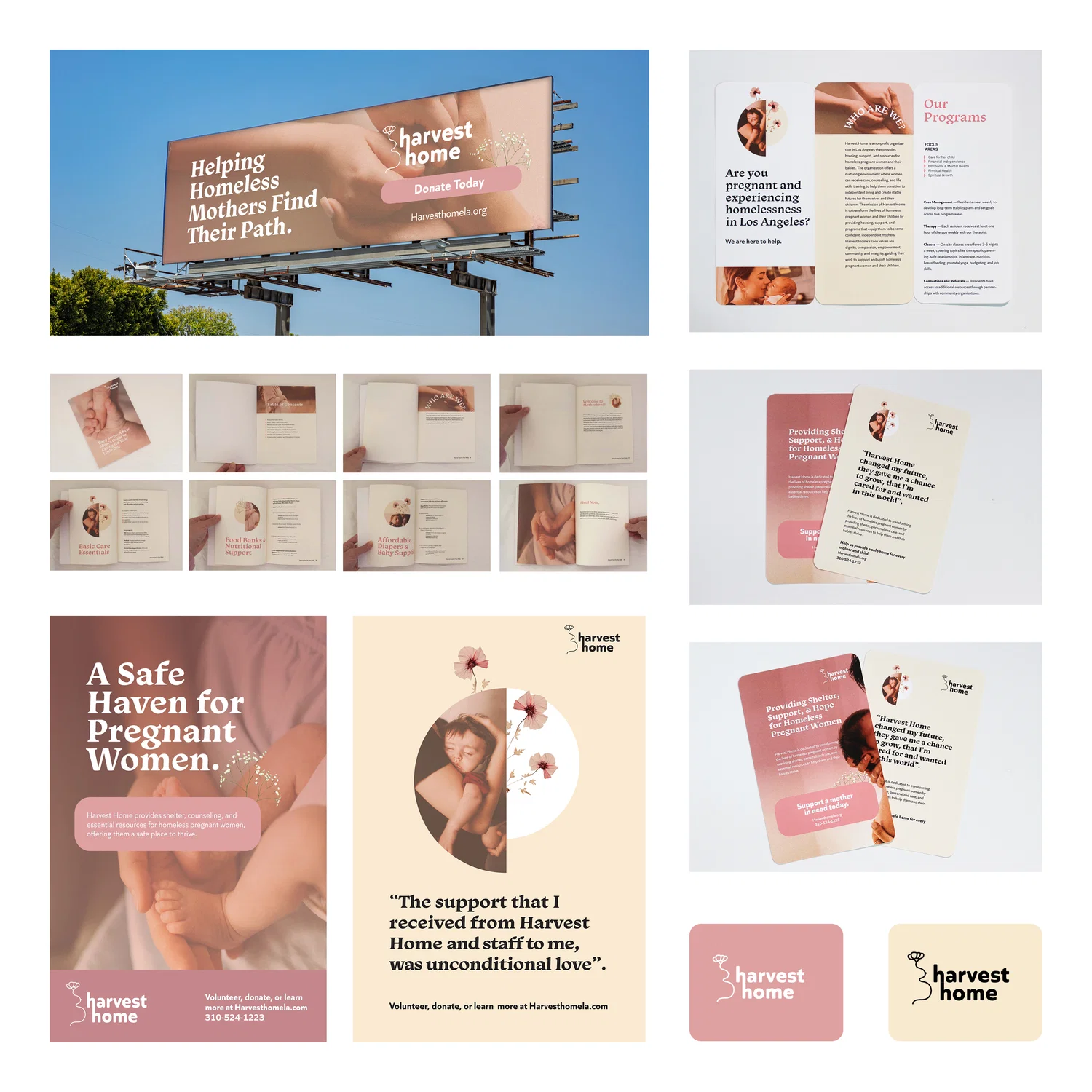 Allison designed the brand and visual identity for Harvest Home, a non-profit supporting homeless pregnant women. The logo combines a flower and a pregnant belly to represent both the mother's personal growth and the baby's development. The design incorporates flowers throughout, with soft pink overlays and welcoming sans-serif fonts to create a comforting and supportive tone.