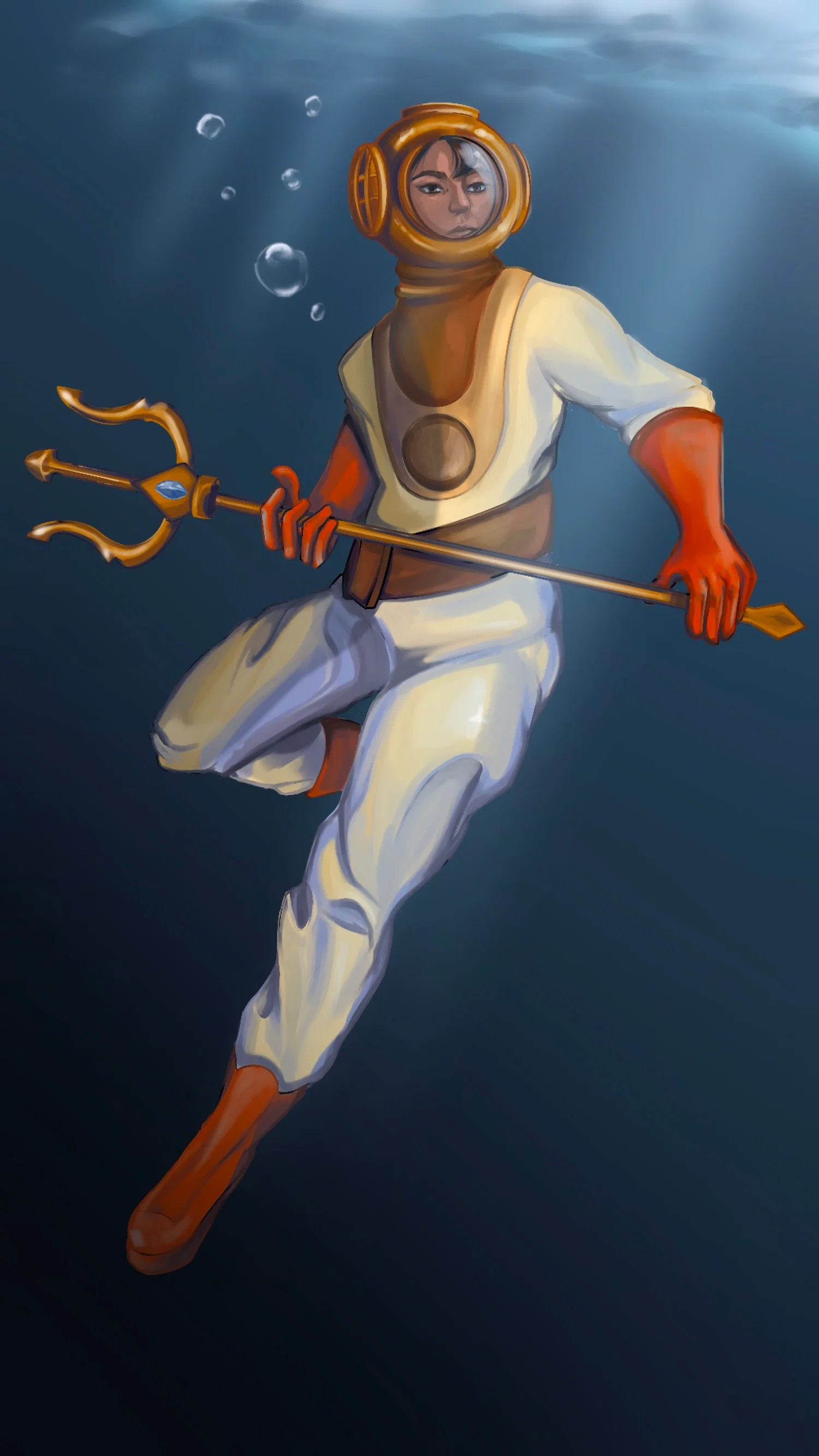 Deep sea diver character design, inspired by 1940's diver suits and mythology.