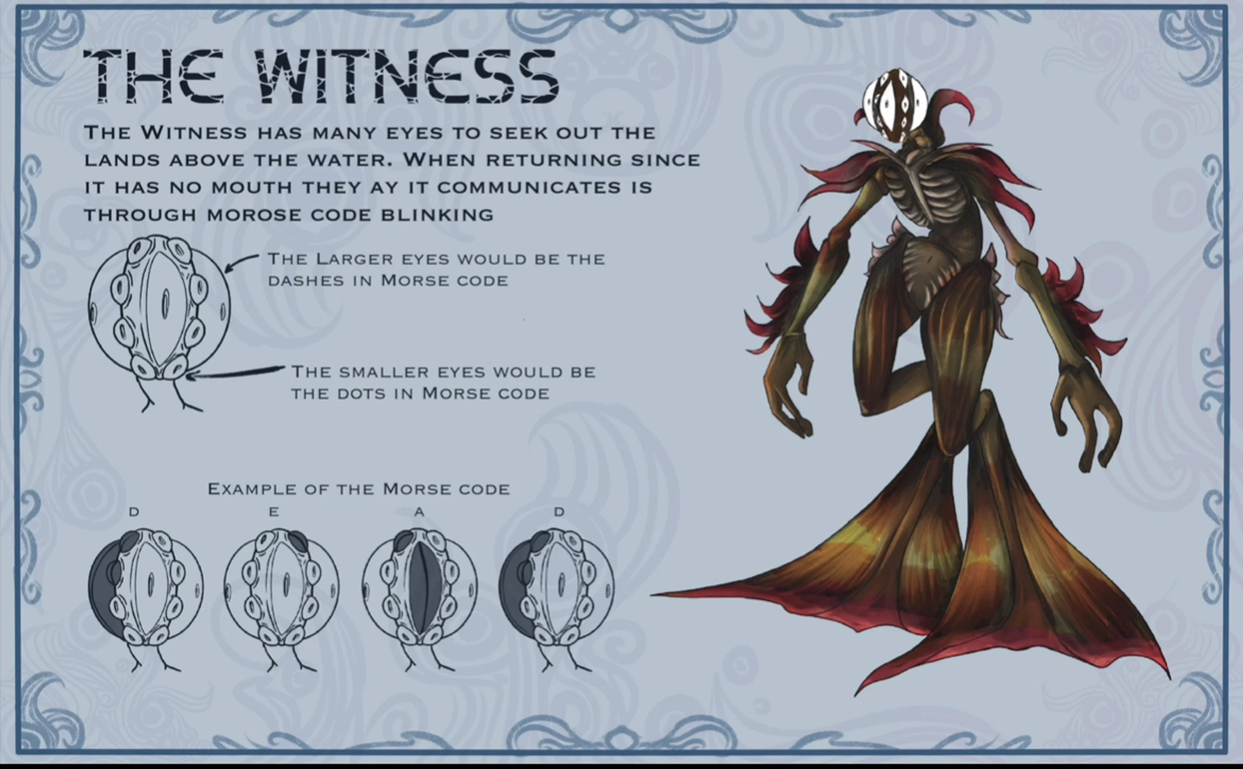 humanoid with fins. exposed ribs and multiple eyes