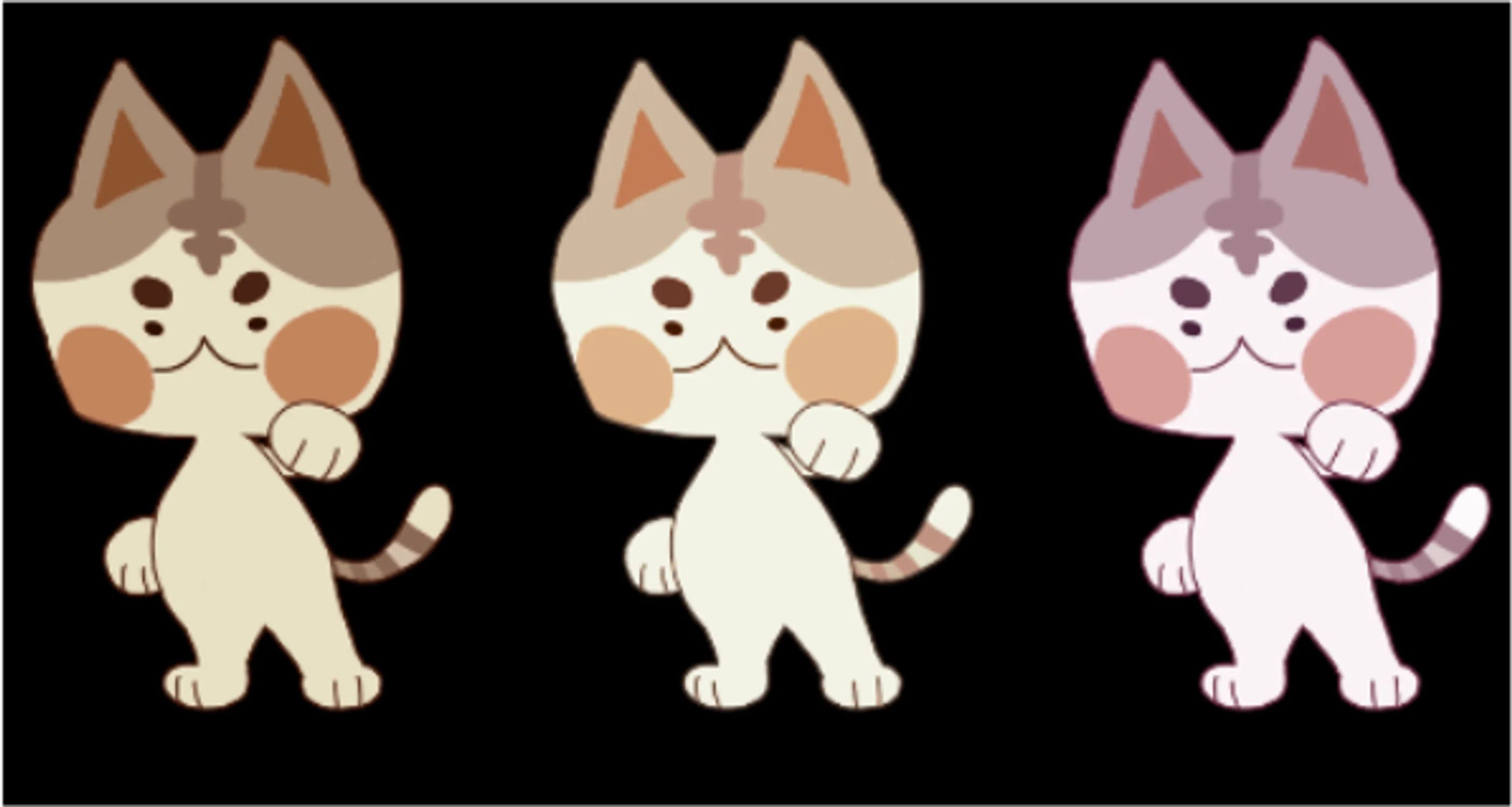 Cat character with 3 color iterations on a black background.