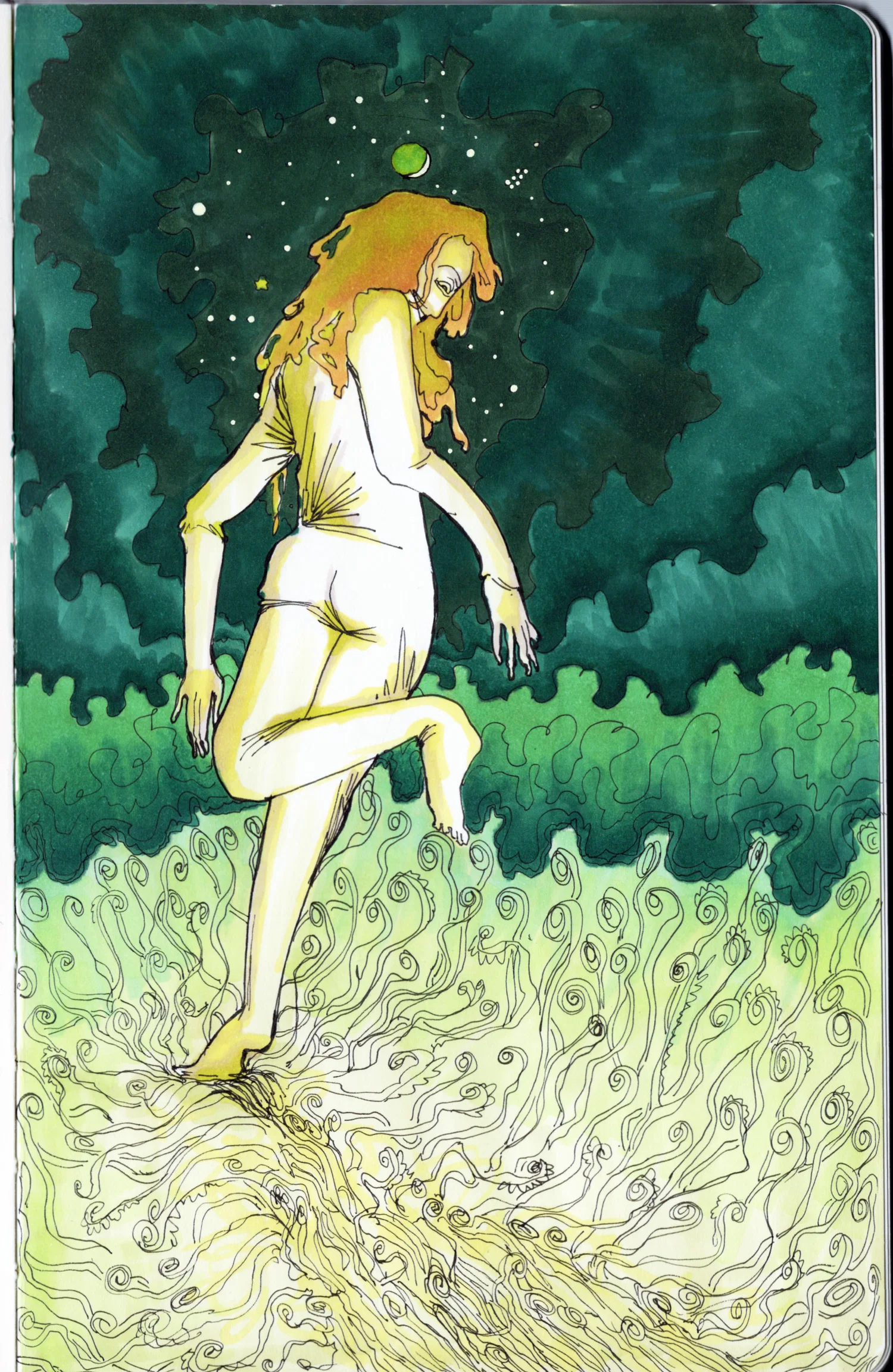 A pale, naked woman with red hair has her back turned to the viewer, with her head turned slightly to look at them and smiles. She appears to be walking, but is positioned awkwardly and her skin is sagging and stretching as if it is cloth. At her feet are fiddlehead ferns which die where she walks. Above them are bushes that circle her head, leaving a halo-like gap where the night sky with a crescent moon and stars peak through.
